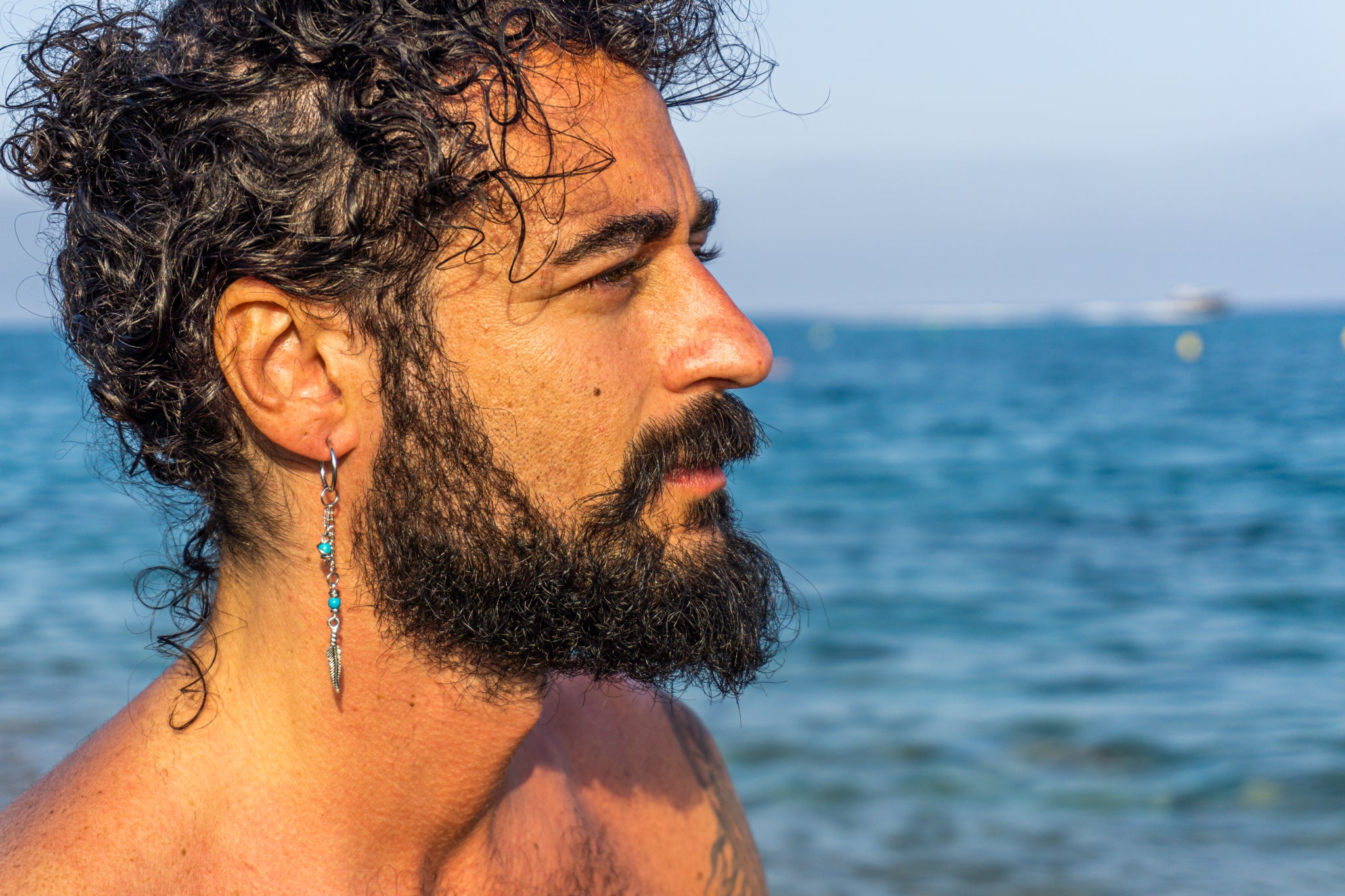 mens hoop earring with long chain, turquoise gemstone and steel feather- wander-jewellery
