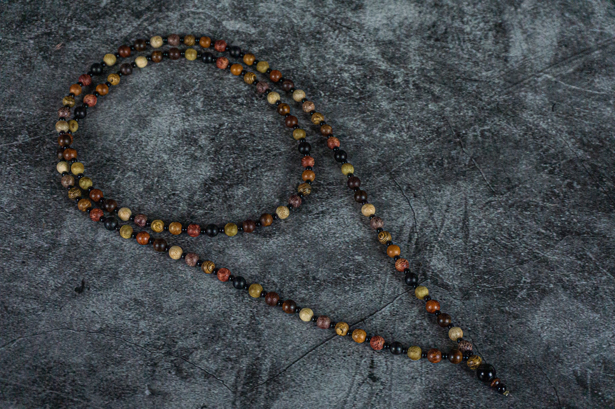 extralong colorful wooden beaded necklace with black onyx pendant- wander jewellery