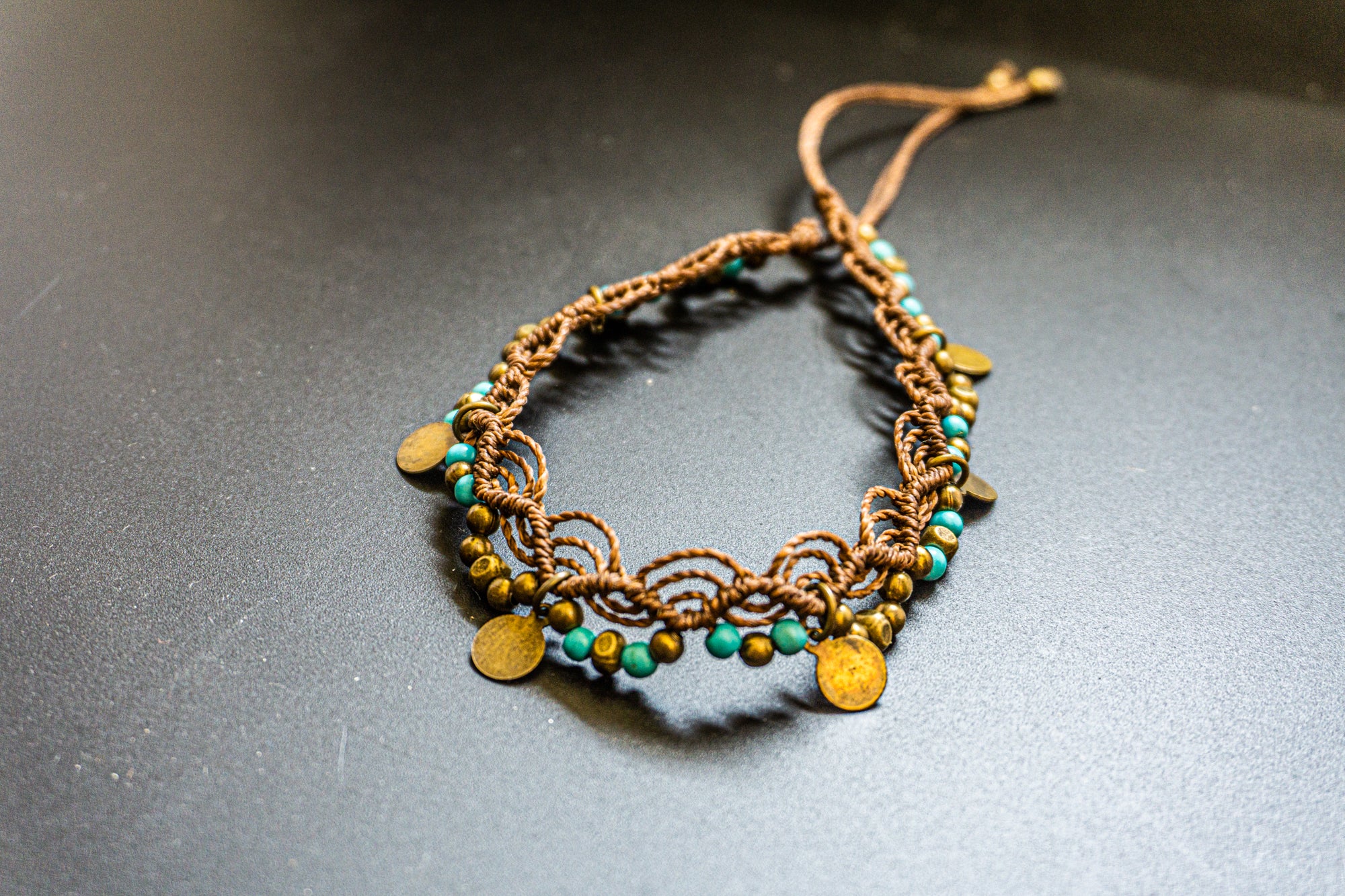 boho macrame anklet with turquoise gemstone beads and brass charms- wander jewellery