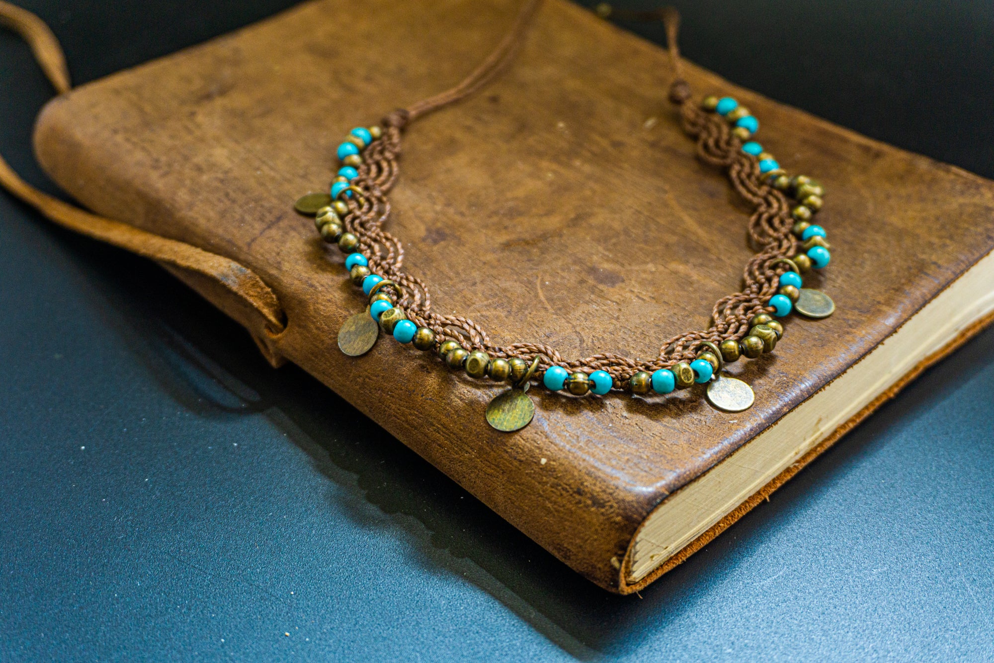 boho brown macrame anklet with turquoise gemstone beads and brass charms- wander jewellery