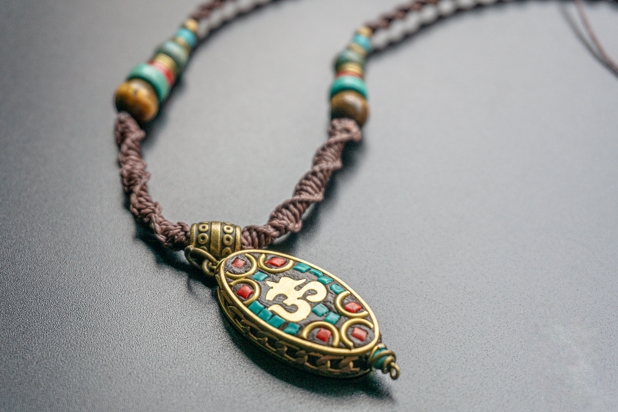 macrame necklace with Om Tibetan pendant- wander jewellery