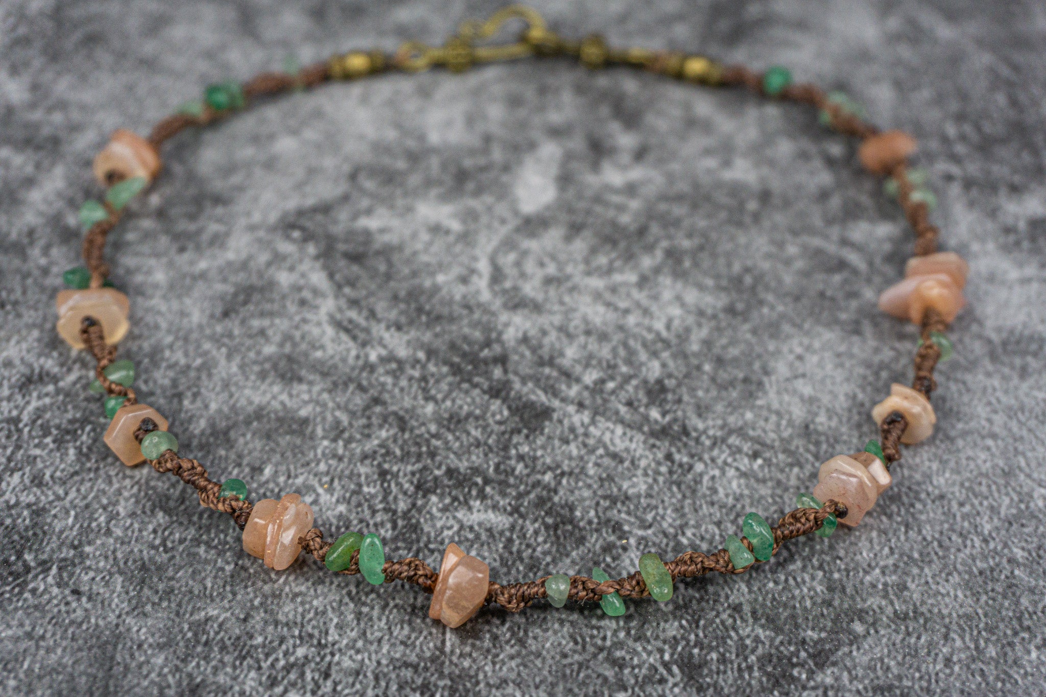 Gemstone dainty choker necklace made with pink opal, green aventurine, and brown macrame – Wander Jewellery