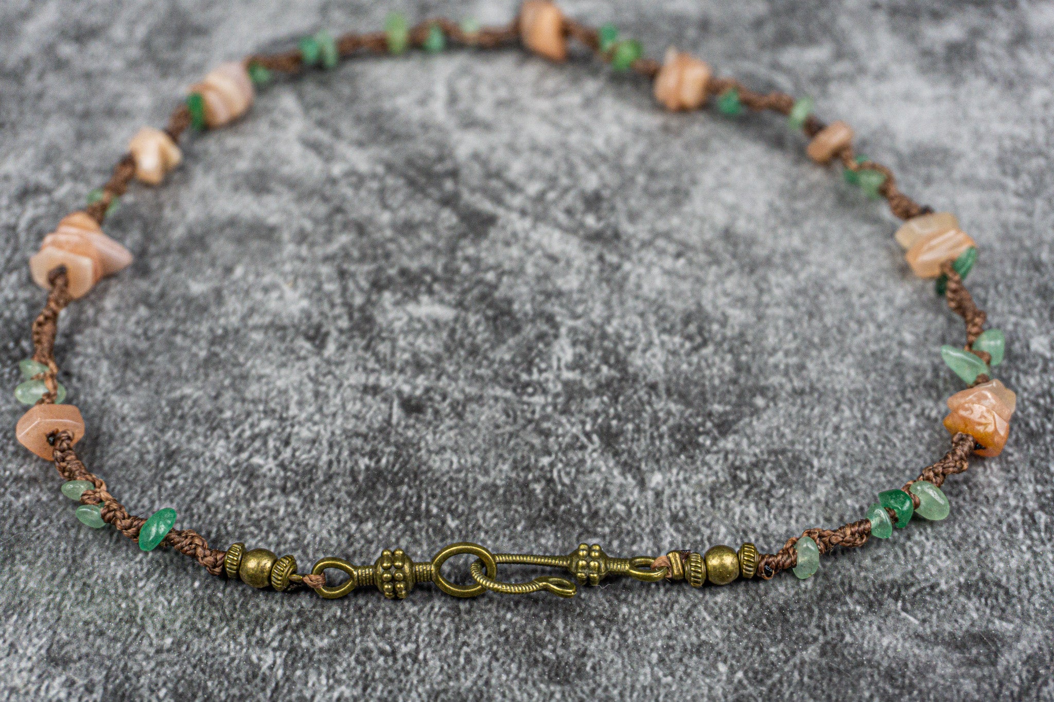 Pink opal and aventurine macrame choker necklace with brass details, perfect for a dainty boho look – Wander Jewellery