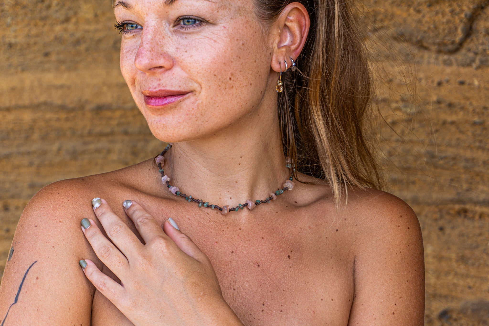 Womens boho macrame choker necklace with pink opal, green aventurine beads, and brass accents – Wander Jewellery