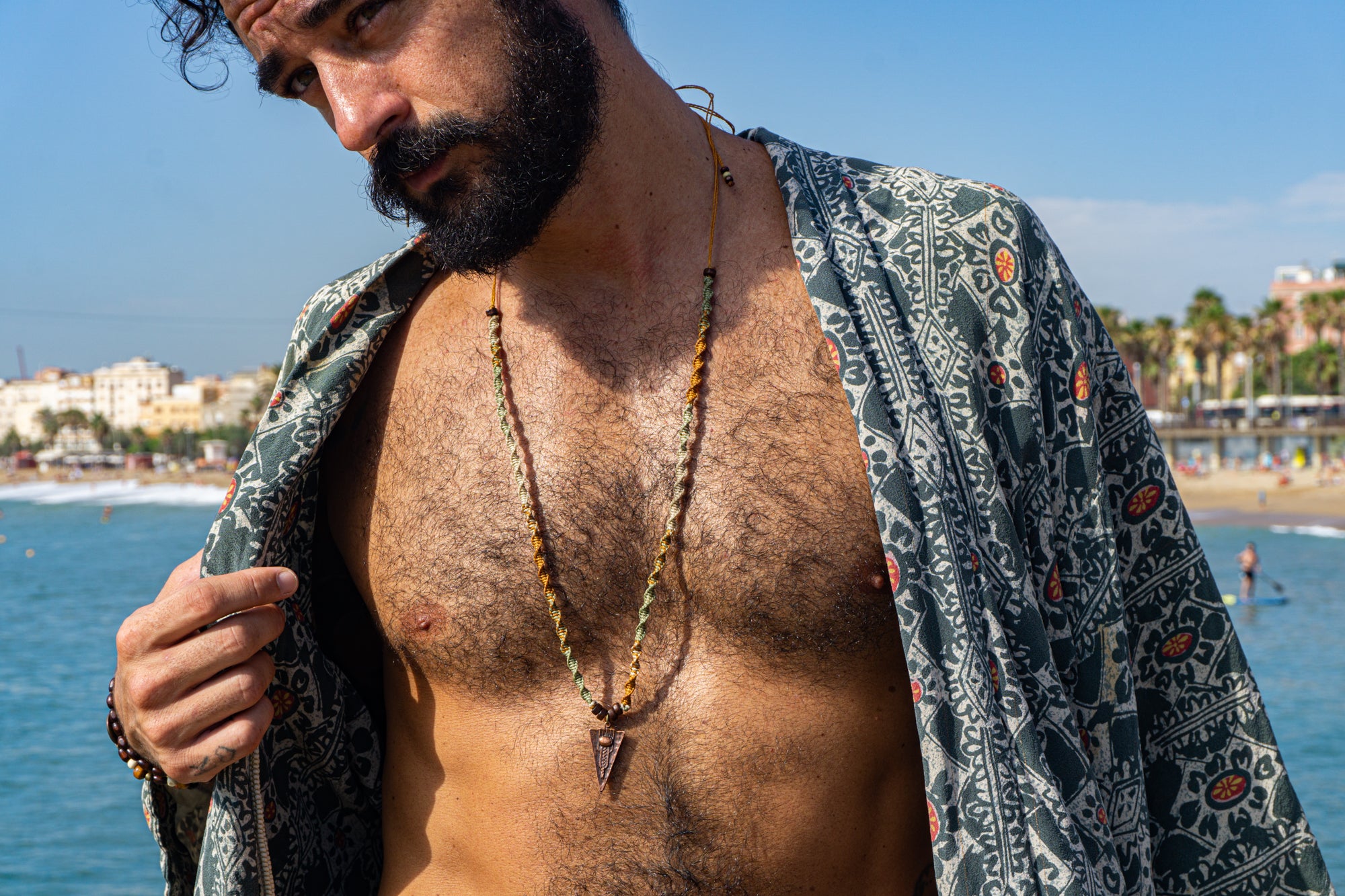 mens colorful macrame necklace with tribal copper pendant- wander jewellery