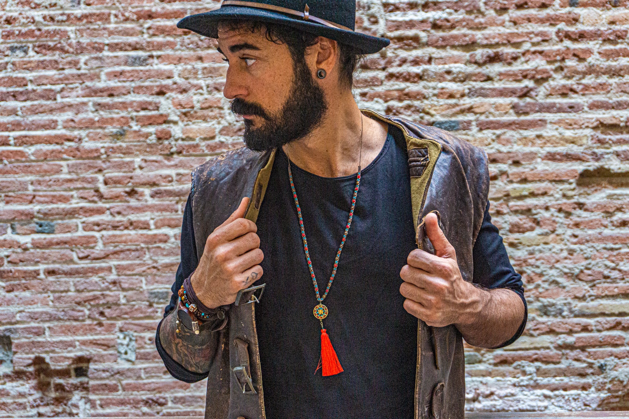 mens long colorful macrame necklace with tibetan pendant and tassel- wander jewellery