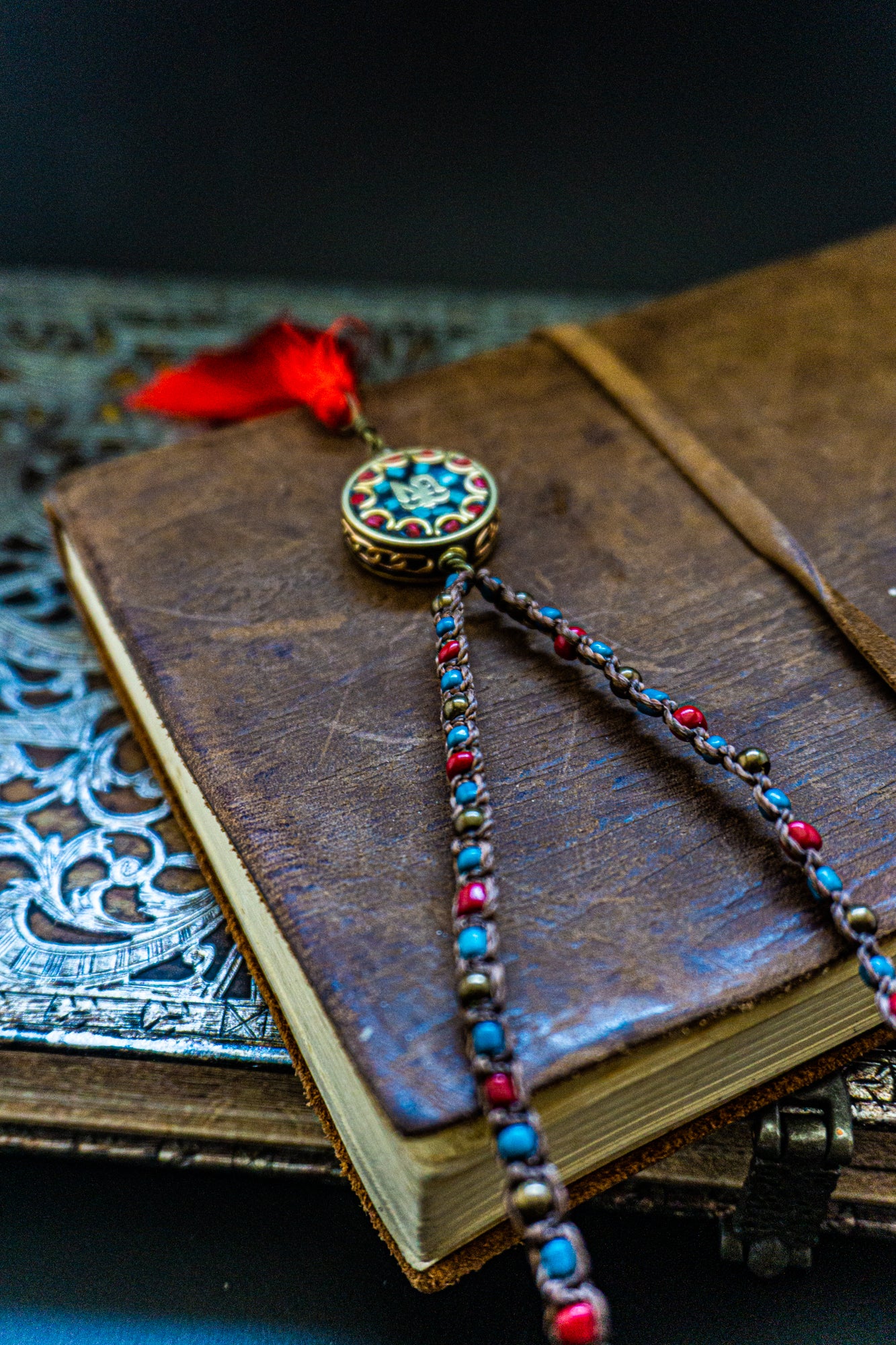 long colorful macrame necklace with tibetan pendant with tassel- wander jewellery