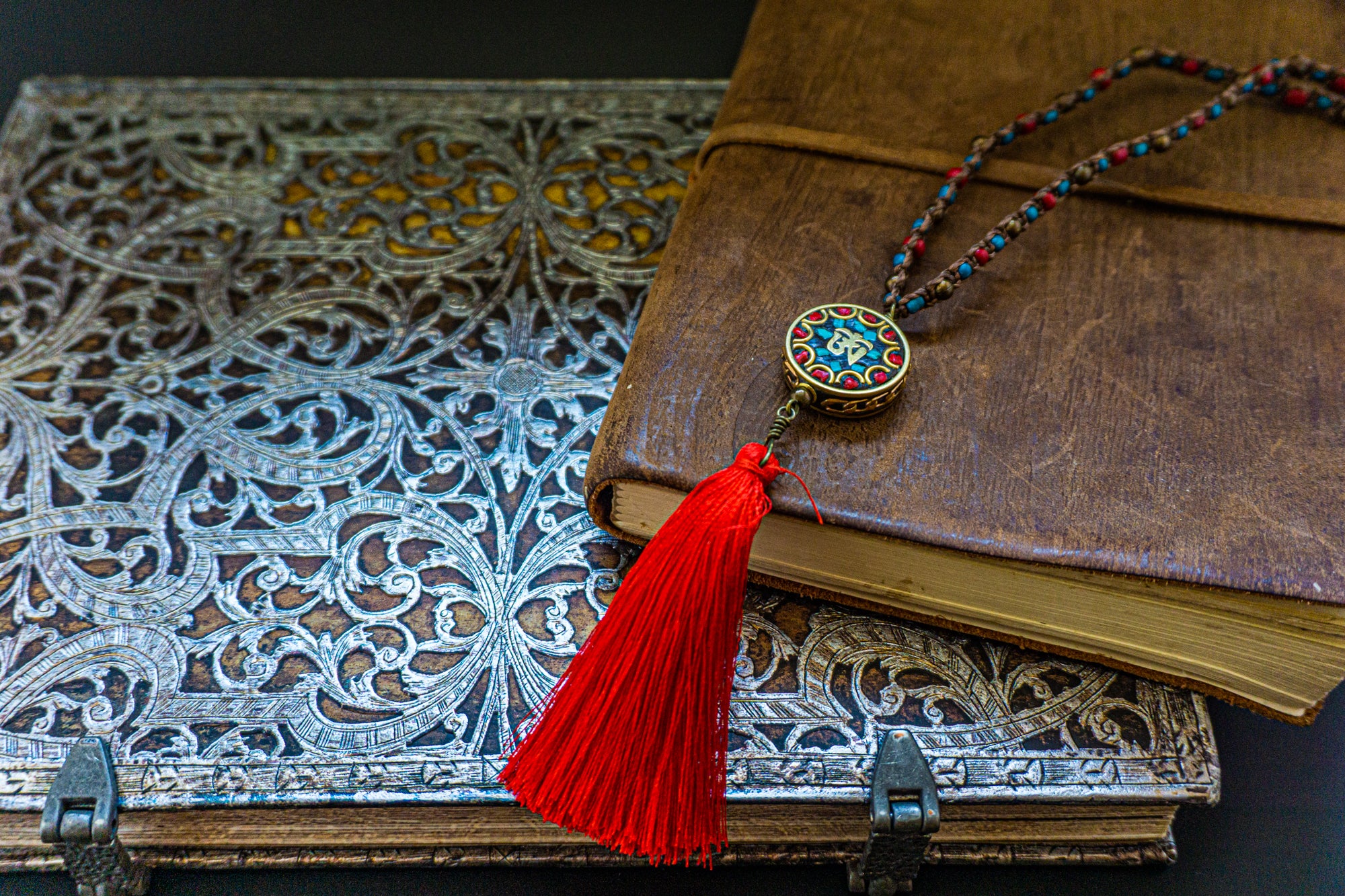 long colorful macrame necklace with tibetan pendant and tassel- wander jewellery