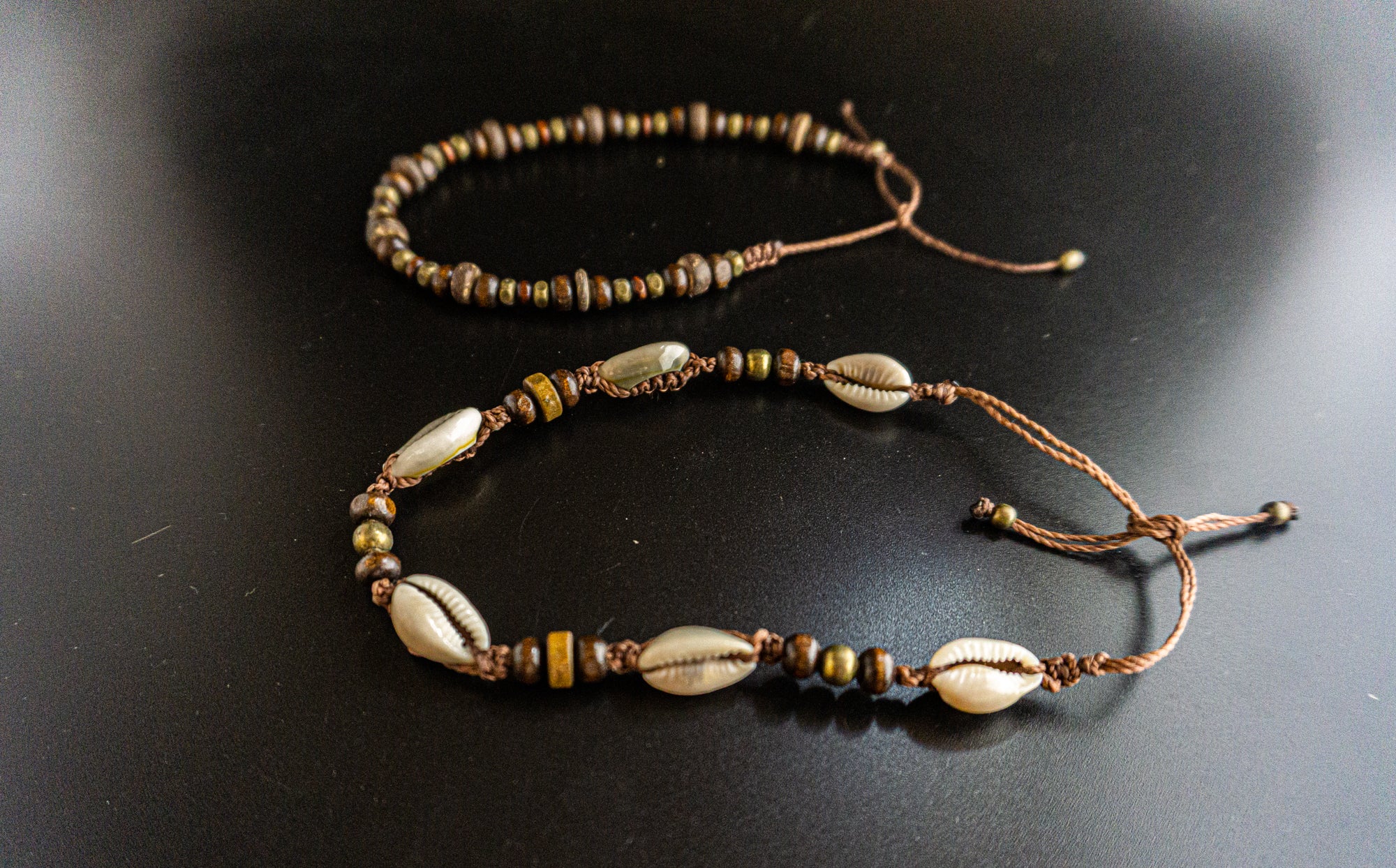 wood and coconut beaded cowrie shell anklet set- wander jewellery