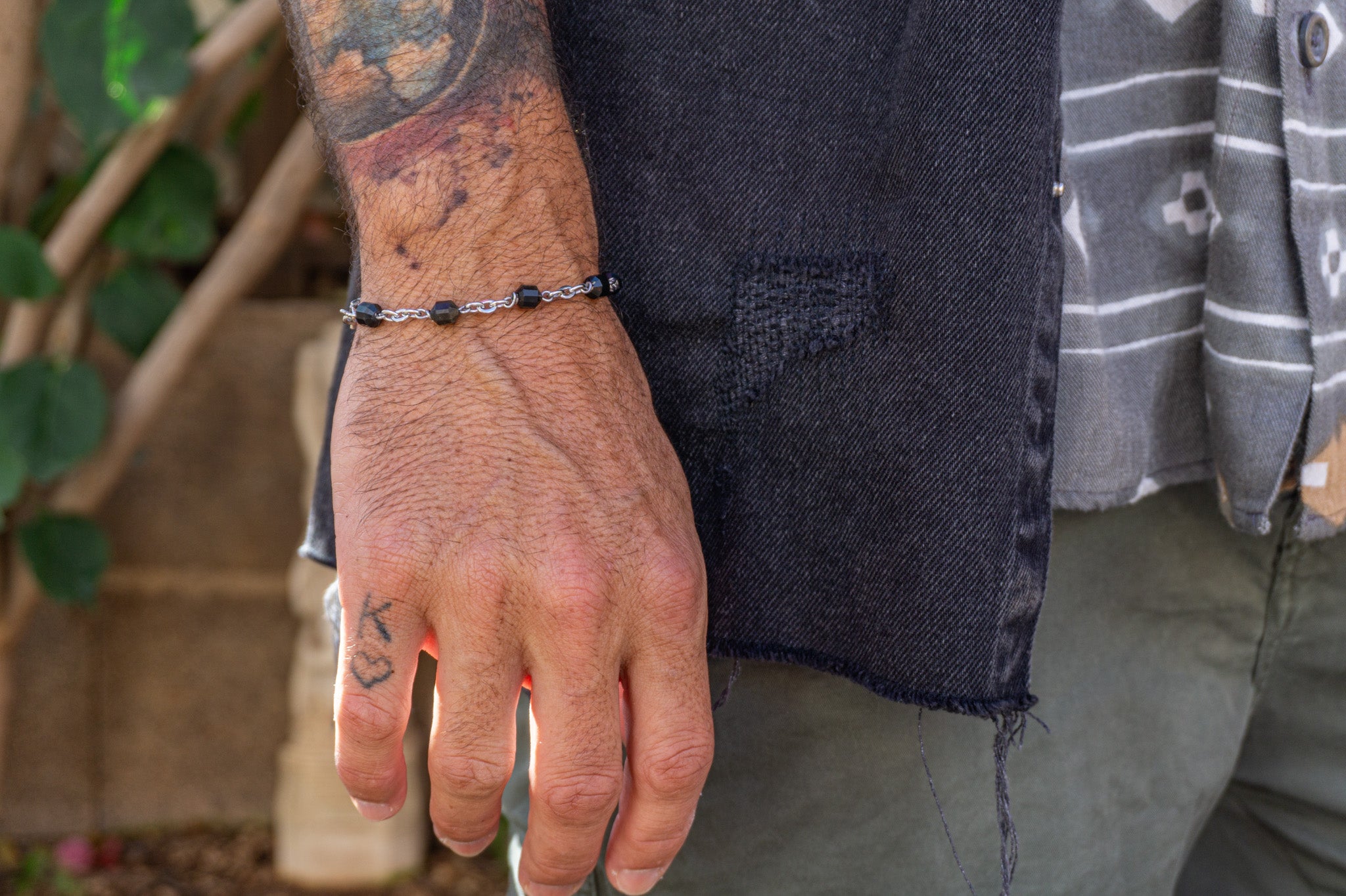 mens stainless steel beaded bracelet with black gemstone- wanderjewellery