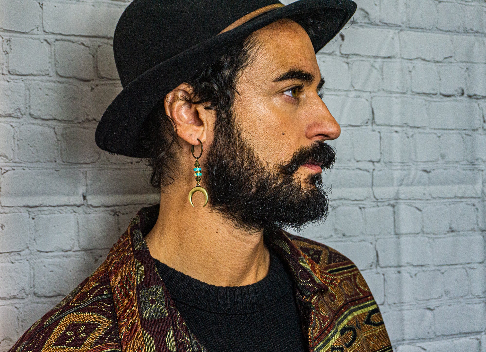 mens bronze hoop earring wit turquise gemstones and a crescent moon - wander jewellery