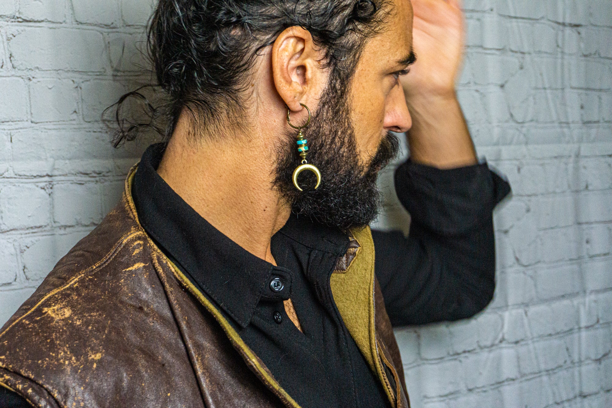 mens bronze hoop earring wit turquise gemstones and a crescent moon charm- wander jewellery
