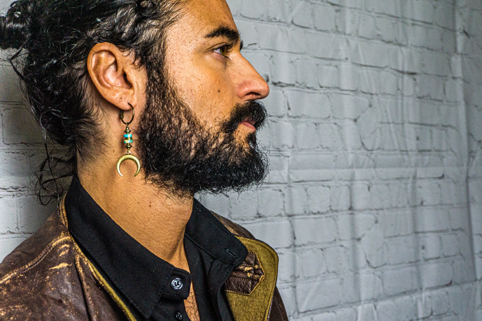 mens bronze hoop earring wit turquise gemstones and a crescent moon dangle charm- wander jewellery