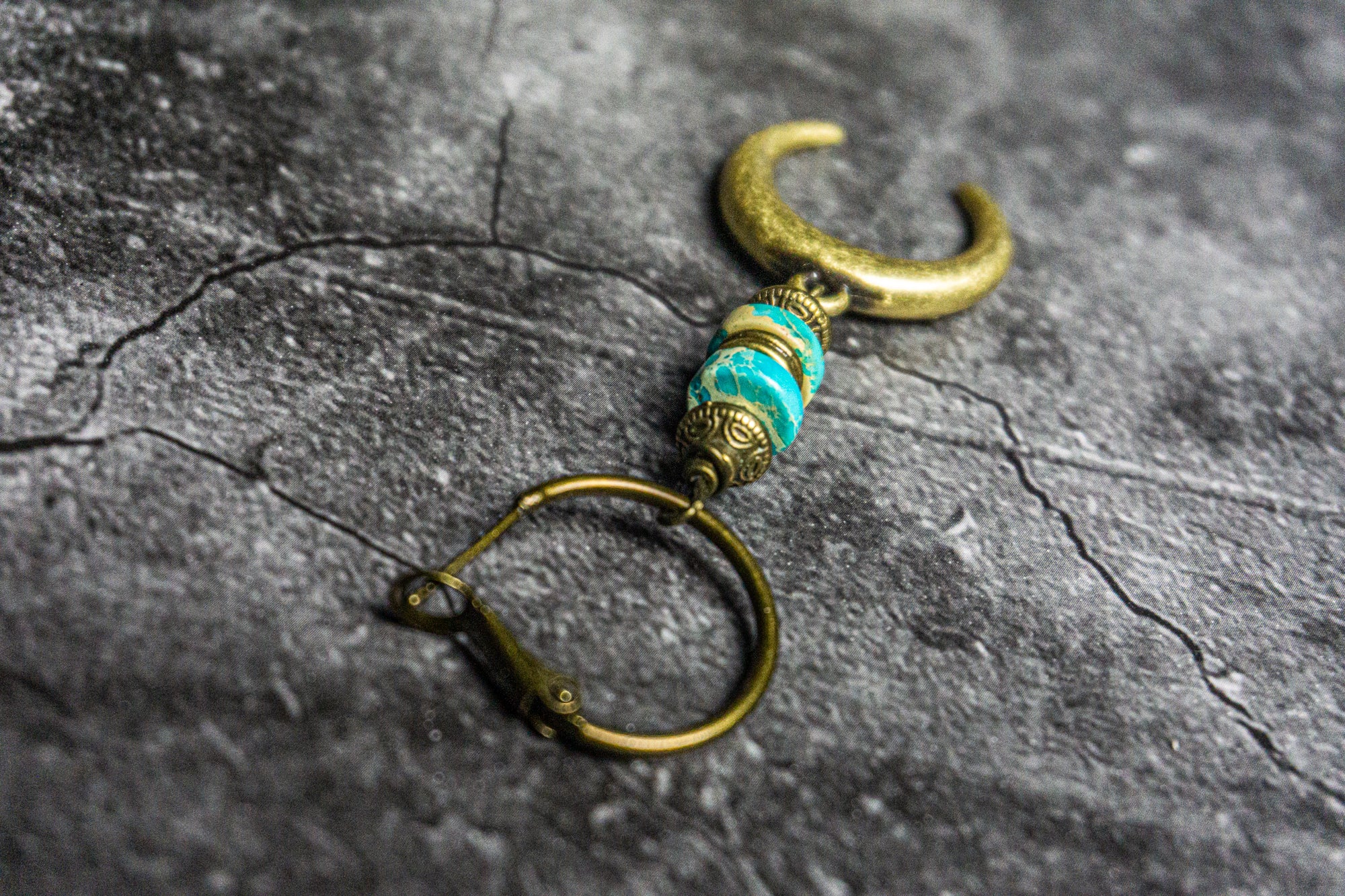 dangle earring with turquise gemstones and a crescent moon dangle charm- wander jewellery