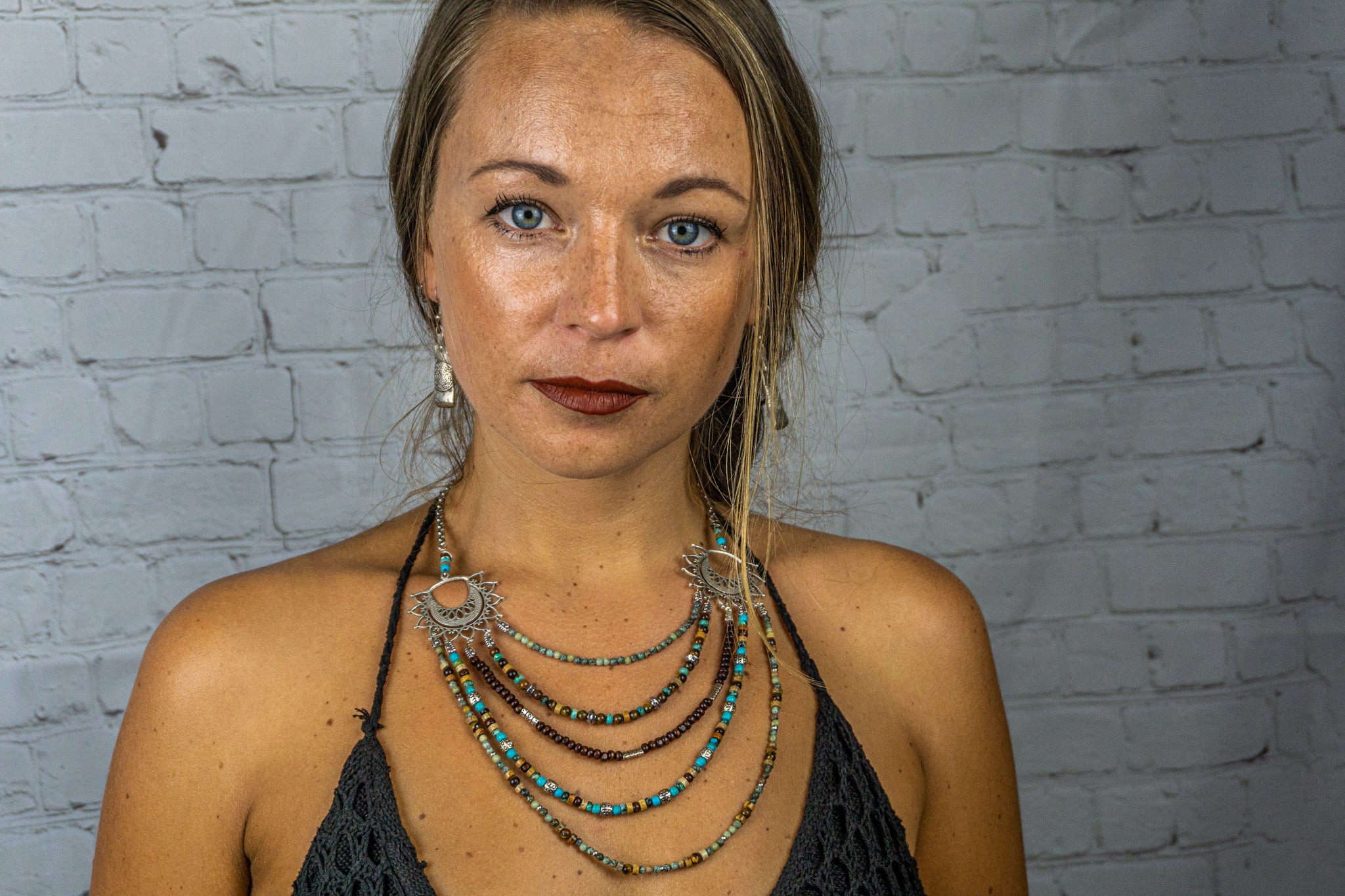 Womens Boho statement multi layered gemstone and wood necklace- wander jewelry