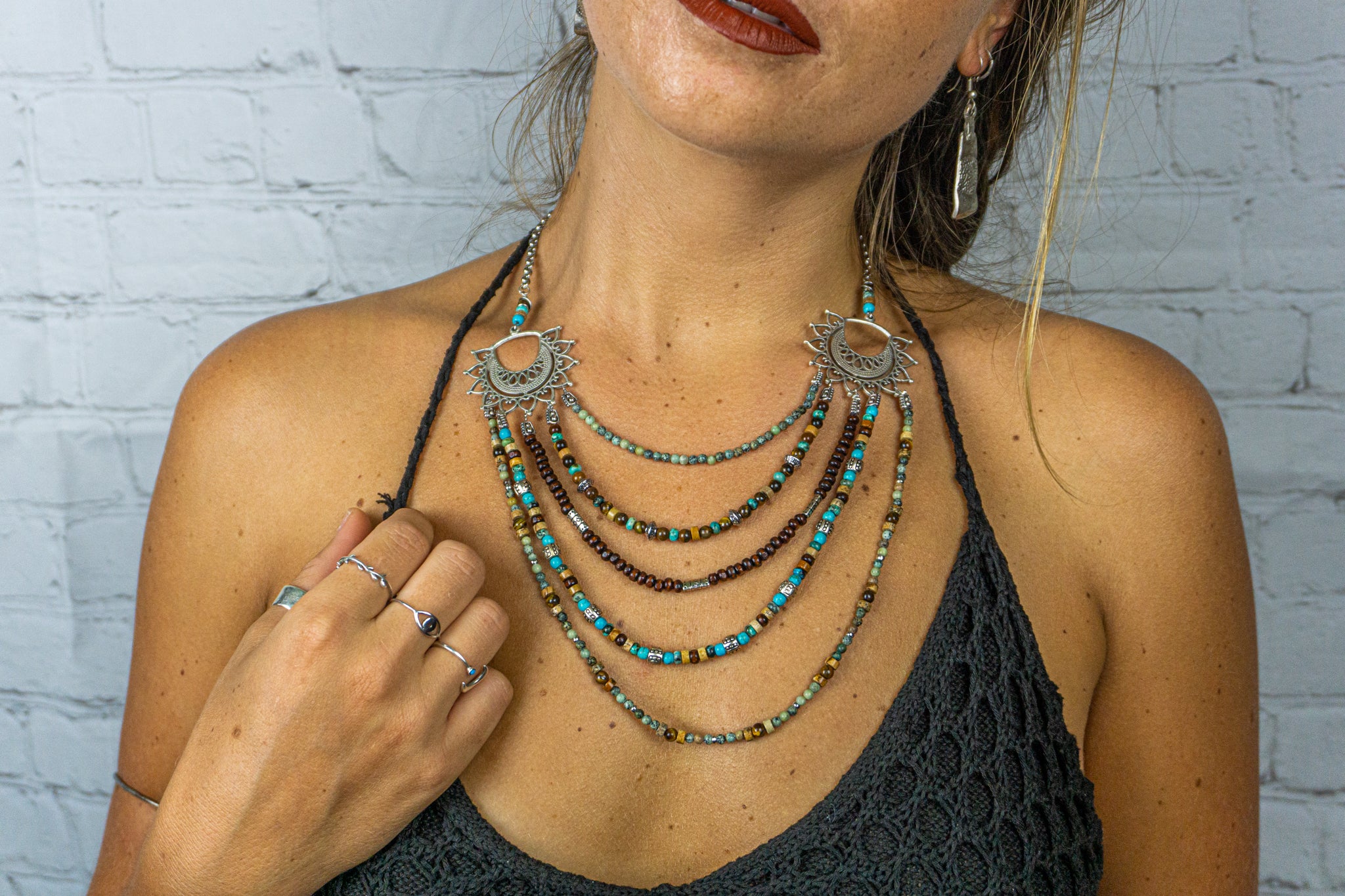 Womens Boho statement multi layered gemstone and wooden beads necklace- wander jewelry