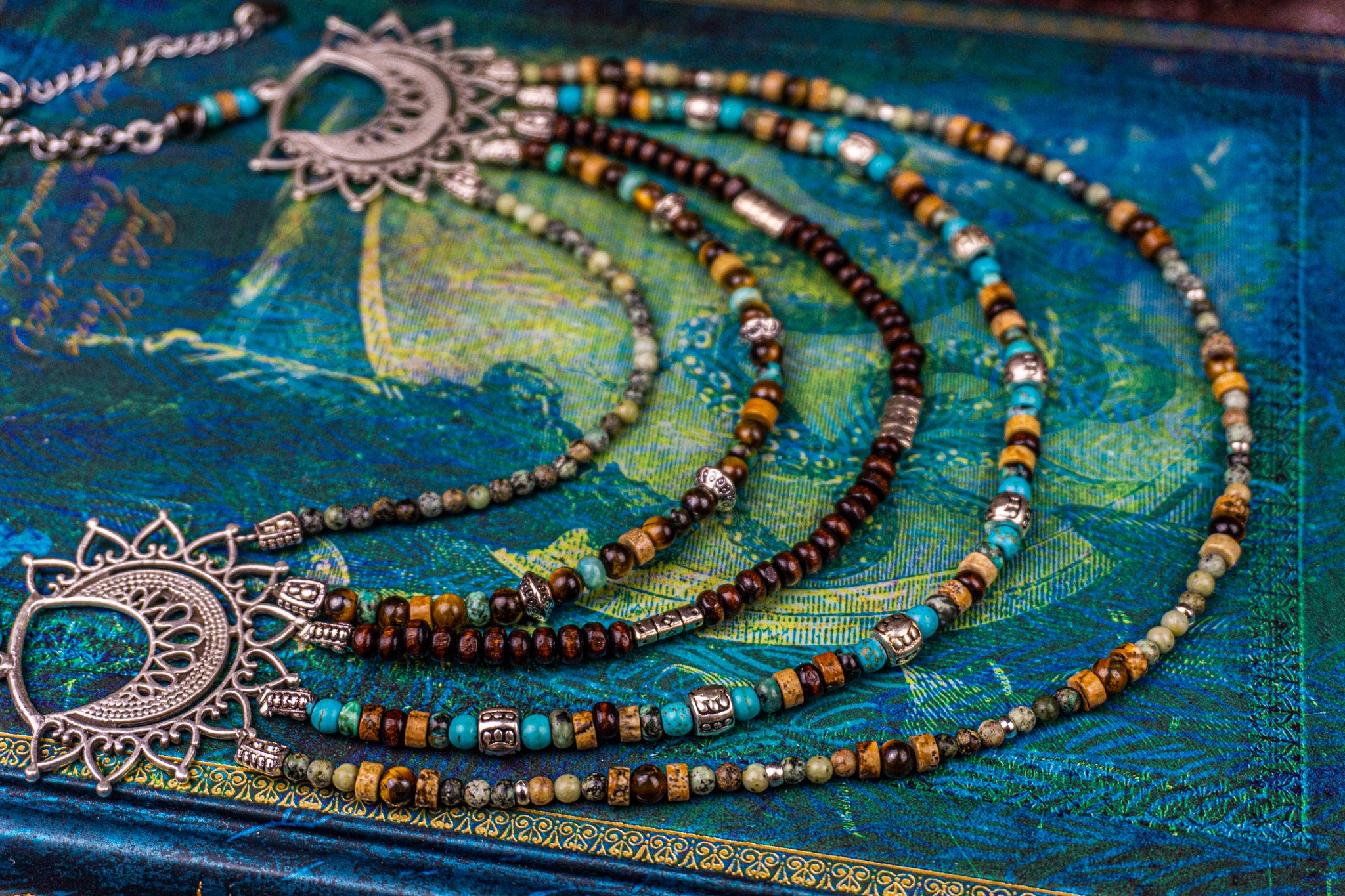 Boho statement multi layered gemstone and wooden beads necklace- wander jewelry