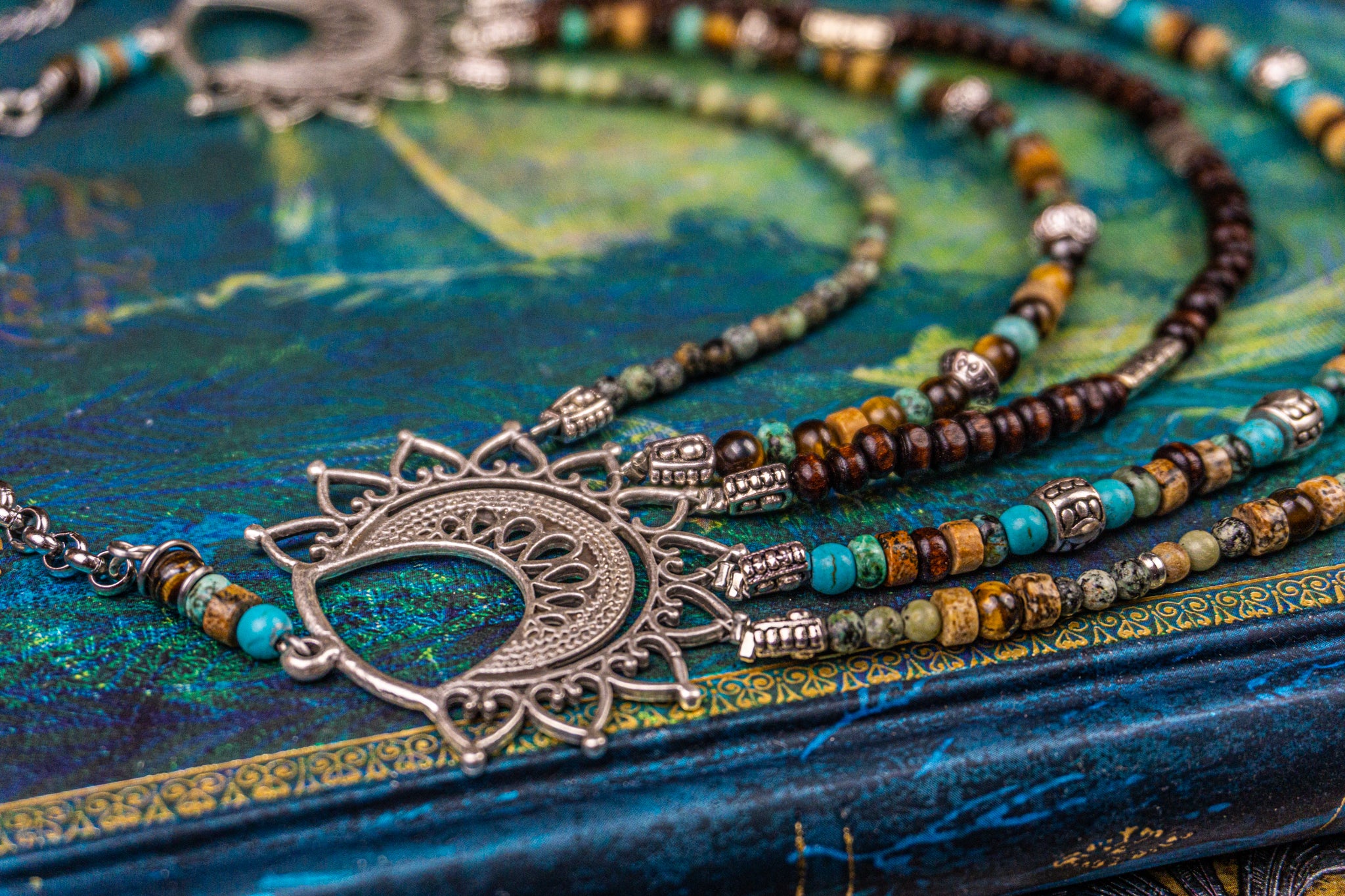 boho statement multi layered gemstone and wood beaded necklace- wander jewelry