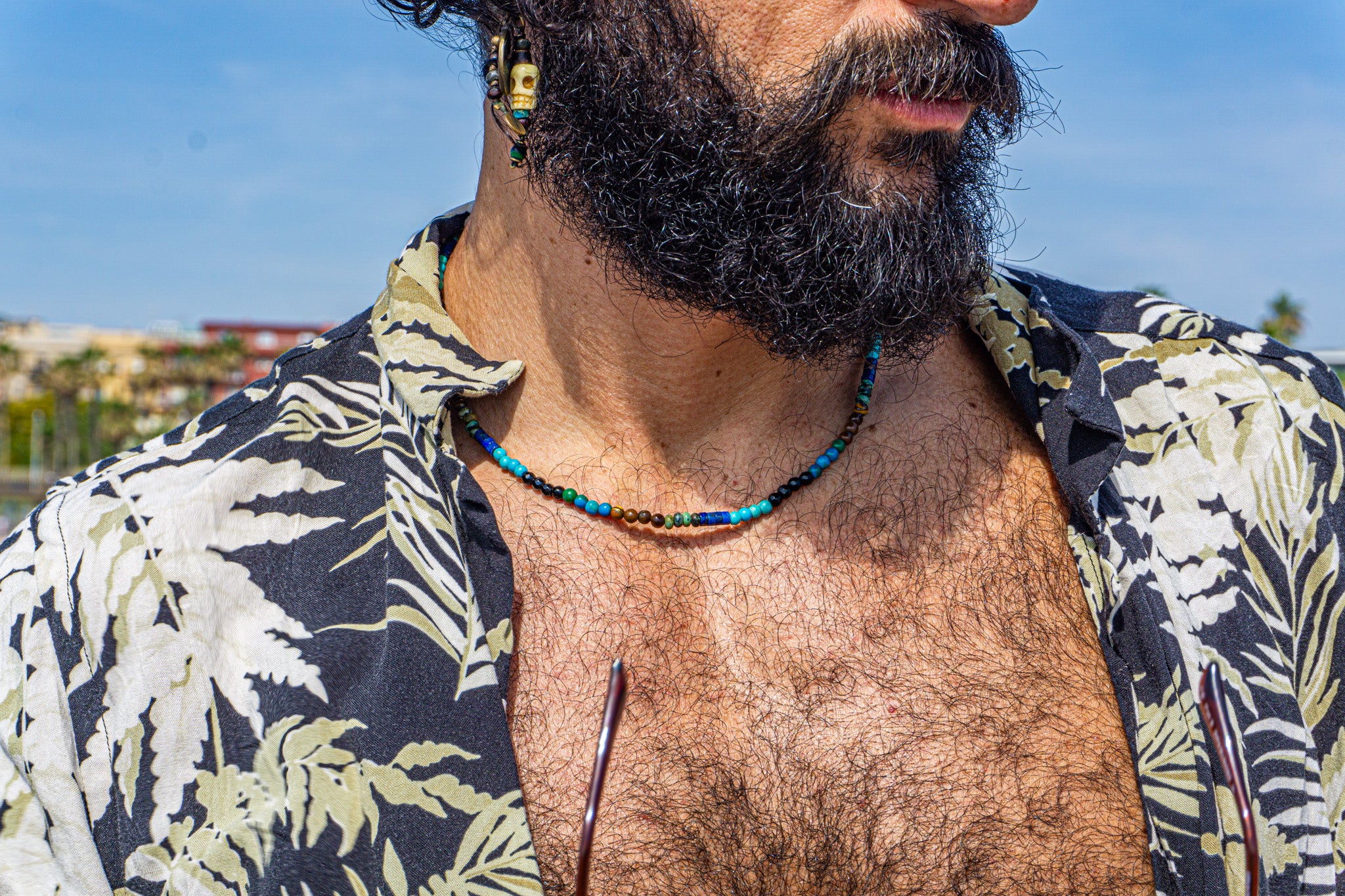 mens colorful choker necklace made of tuquoise, jade, grren african jasper, lapis lazuli heishi beads, black onyx and tiger eye 4mm gemstone beads- wander jewellery