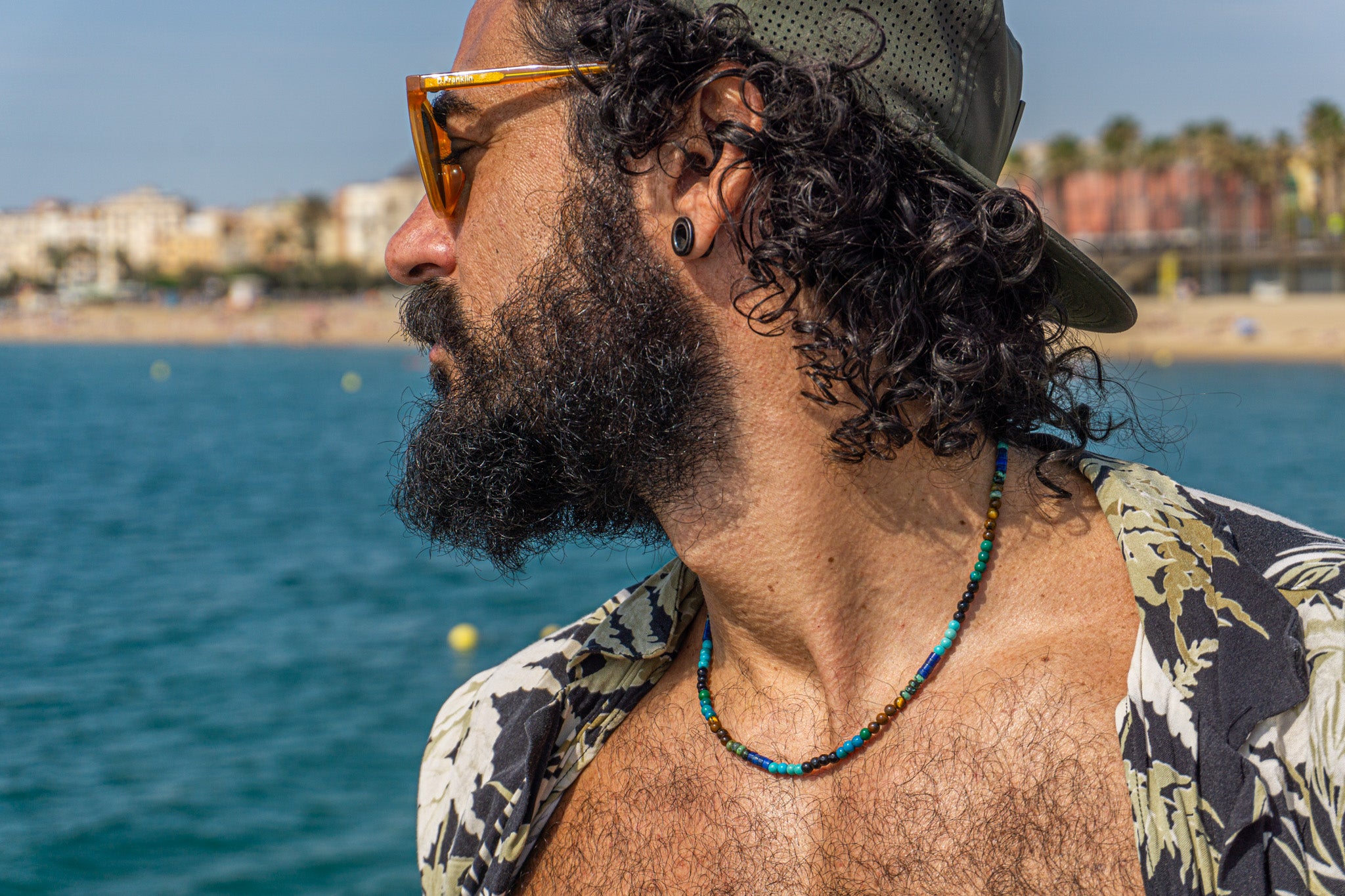 mens multi stone colorful choker necklace made of tuquoise, jade, grren african jasper, lapis lazuli heishi beads, black onyx and tiger eye - wander jewellery