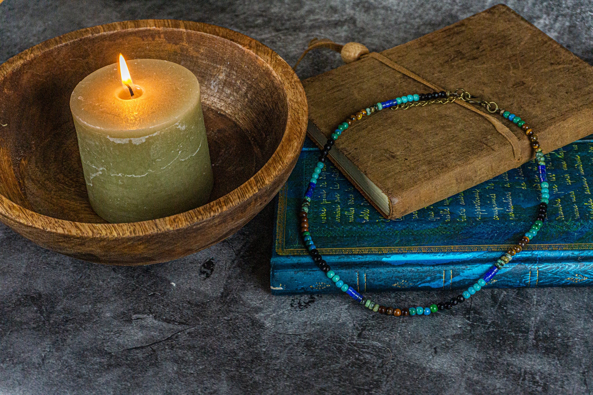 colorful choker necklace made of tuquoise, jade, grren african jasper, lapis lazuli heishi beads, black onyx and tiger eye 4mm gemstone beads- wander jewellery