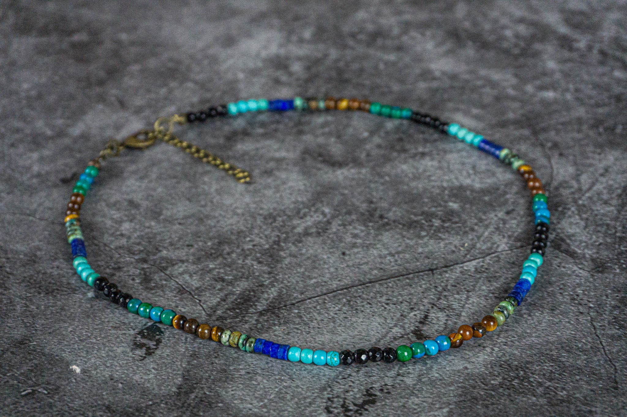 colorful choker necklace made of tuquoise, jade, grren african jasper, lapis lazuli heishi beads, black onyx and tiger eye 4mm gemstone - wander jewellery