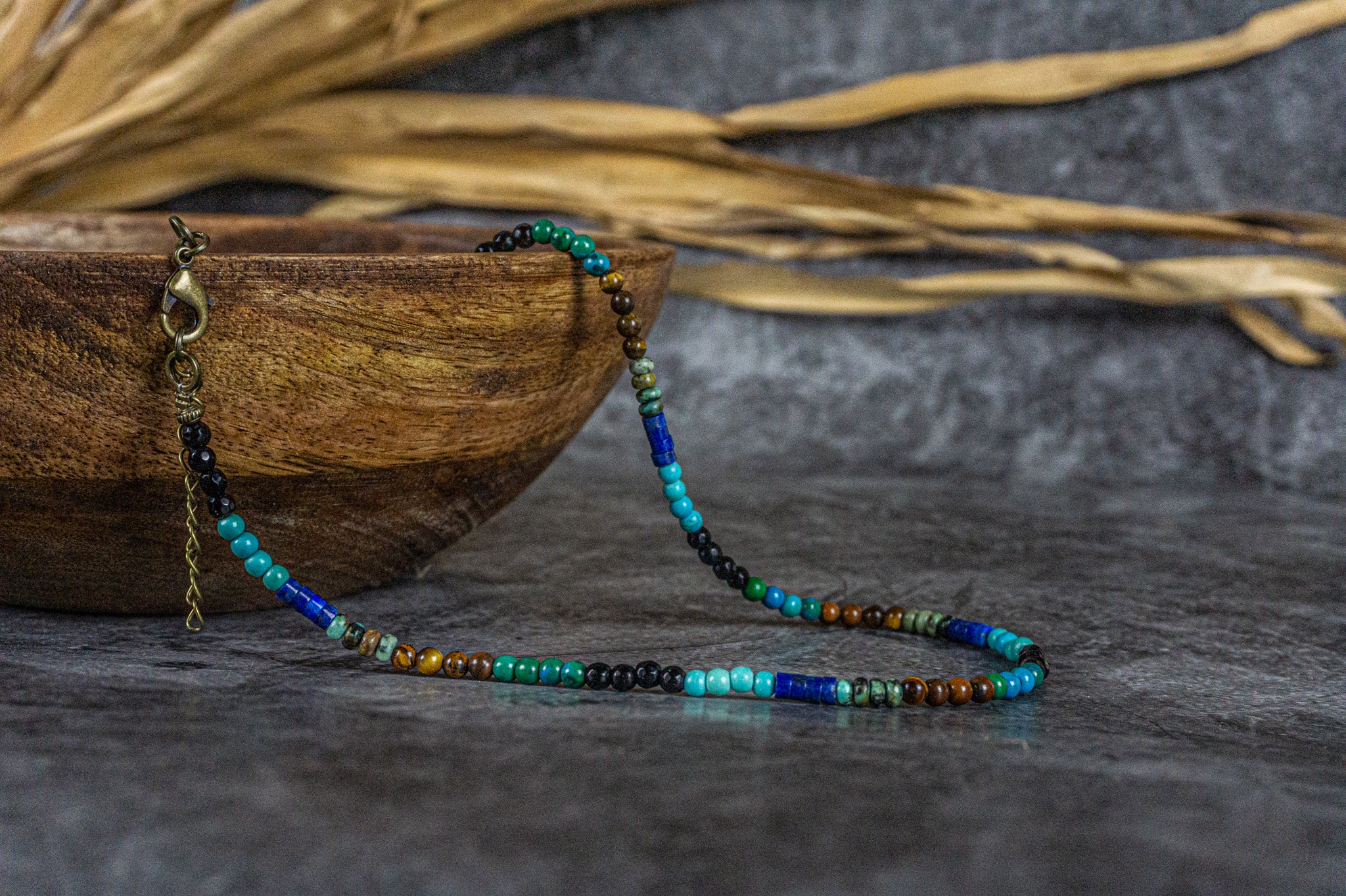 colorful choker made of tuquoise, jade, grren african jasper, lapis lazuli heishi beads, black onyx and tiger eye 4mm gemstone beads- wander jewellery
