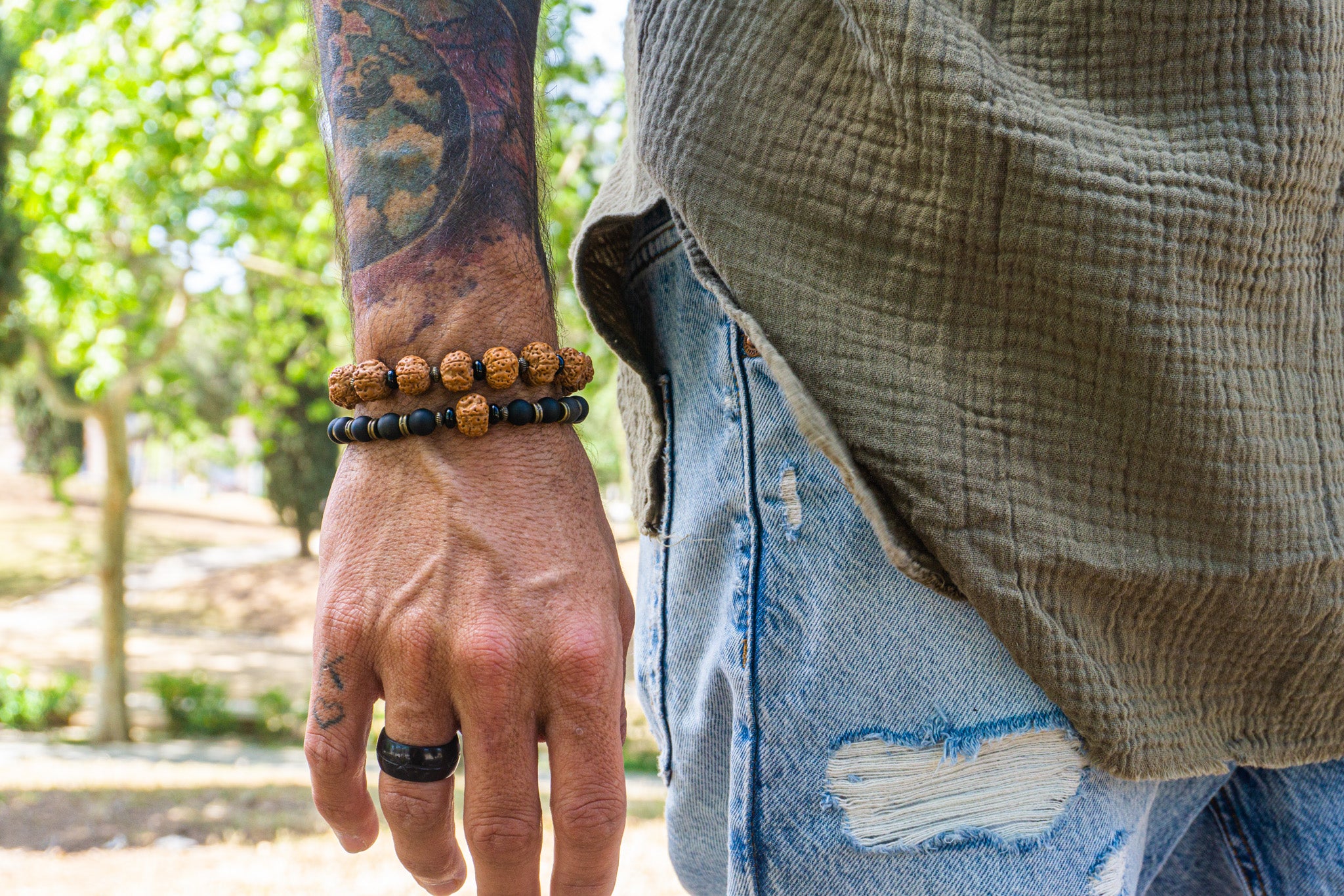 mens bracelet set made of one rudraksha seeds bracelet and one black golden obsidian bracelet- wander jewellery