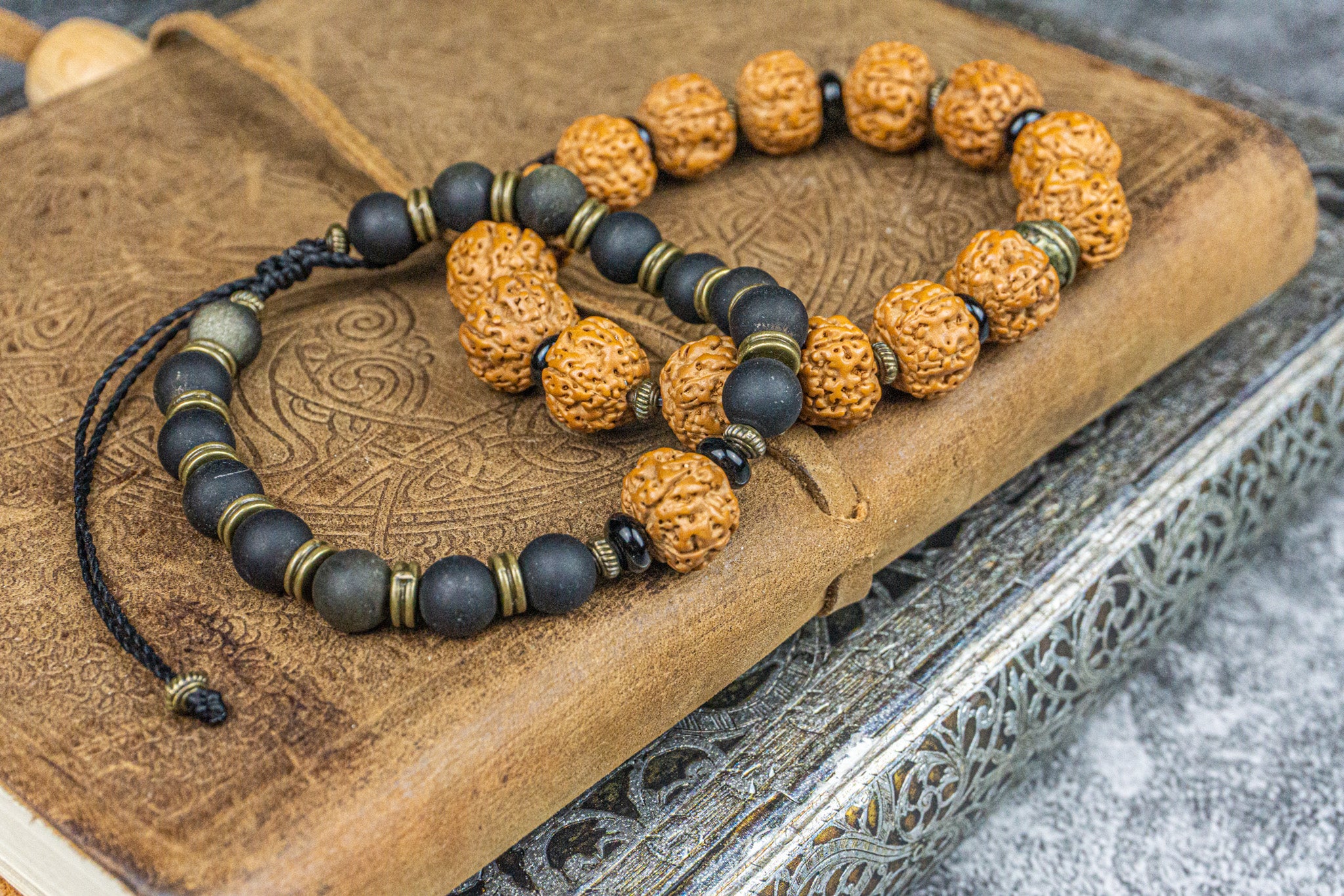 bracelet set made of one rudraksha seeds bracelet and one black obsidian bracelet- wander jewellery