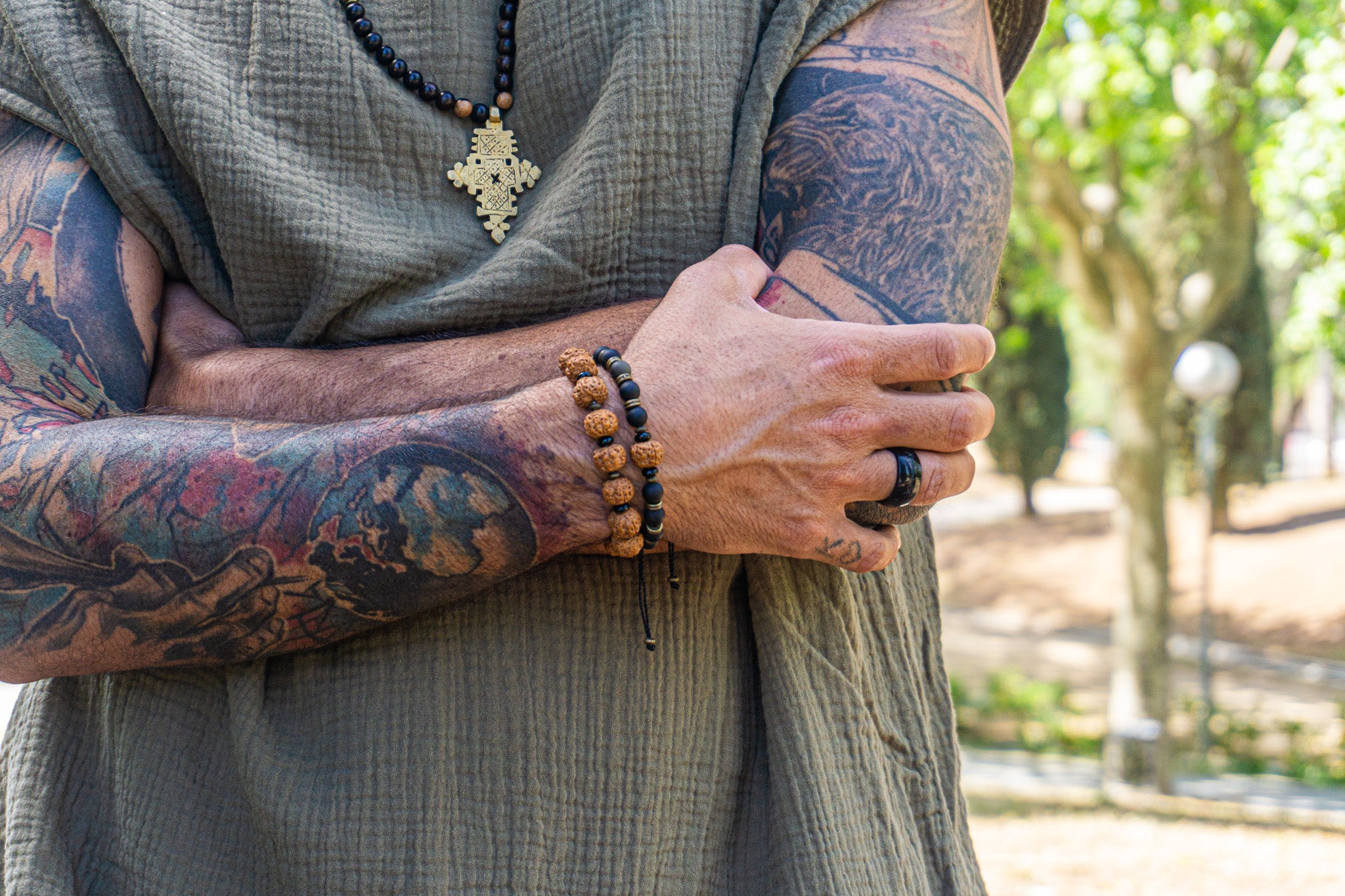 mens bracelet set made of one rudraksha bracelet and one black golden obsidian bracelet- wander jewellery