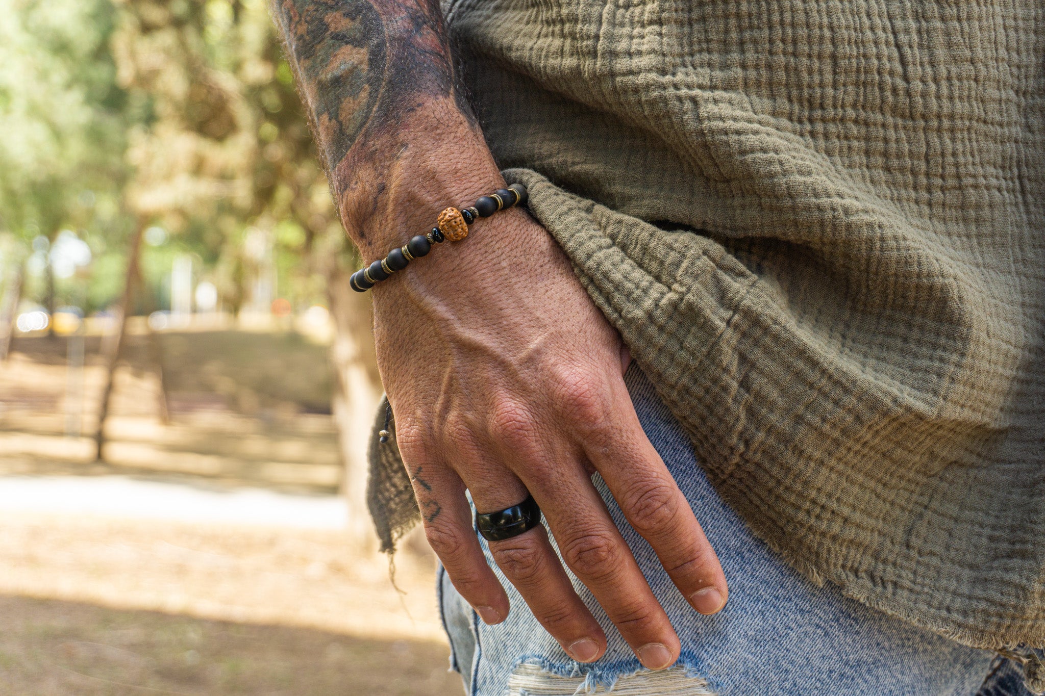 mens black golden obsidian bracelet with rudraksha seed- wander jewellery