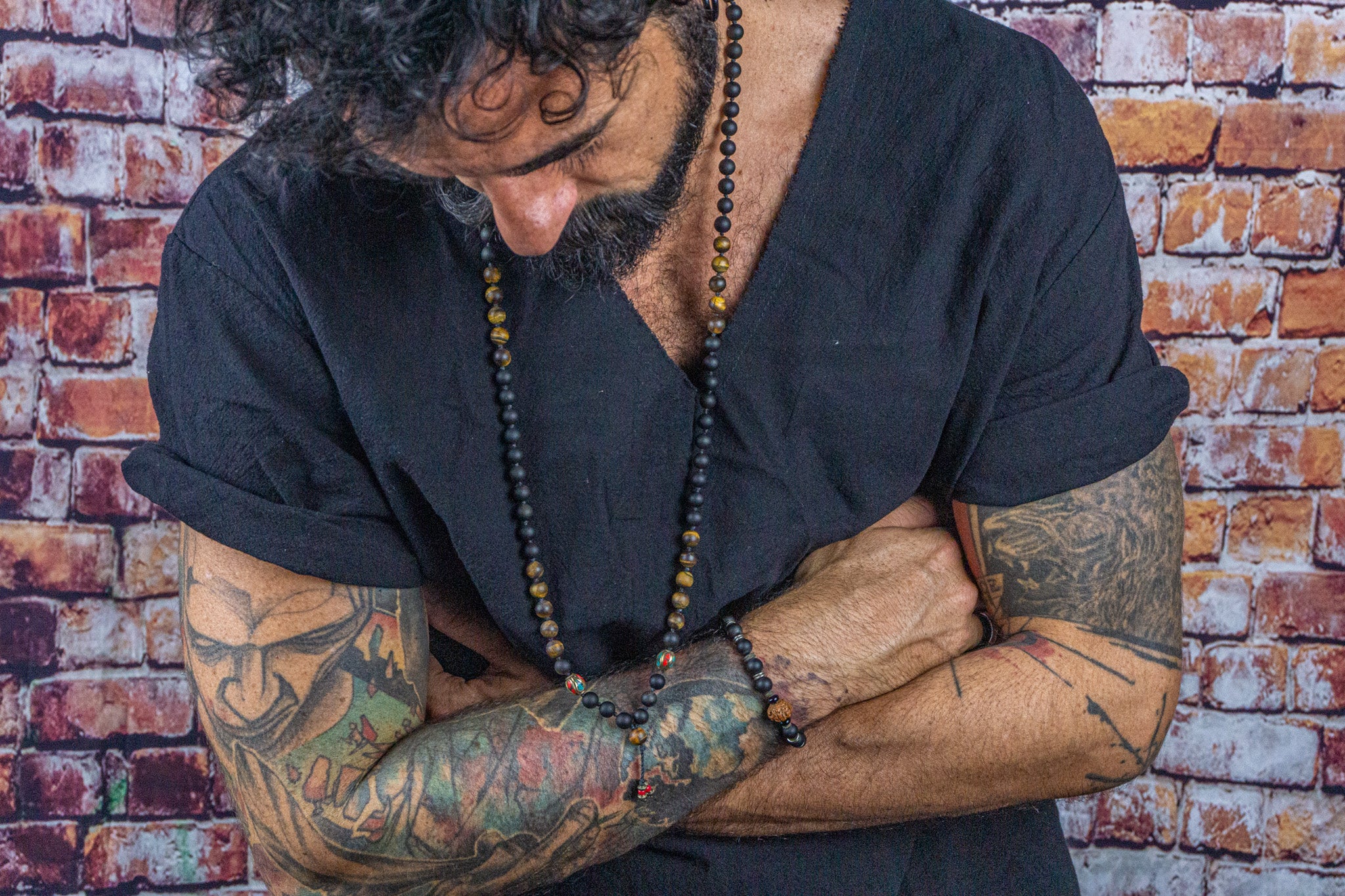 mens mala necklace made of golden obsidian and frosted tiger eye gemstones, with tibetan beads decorations- wander jewellery