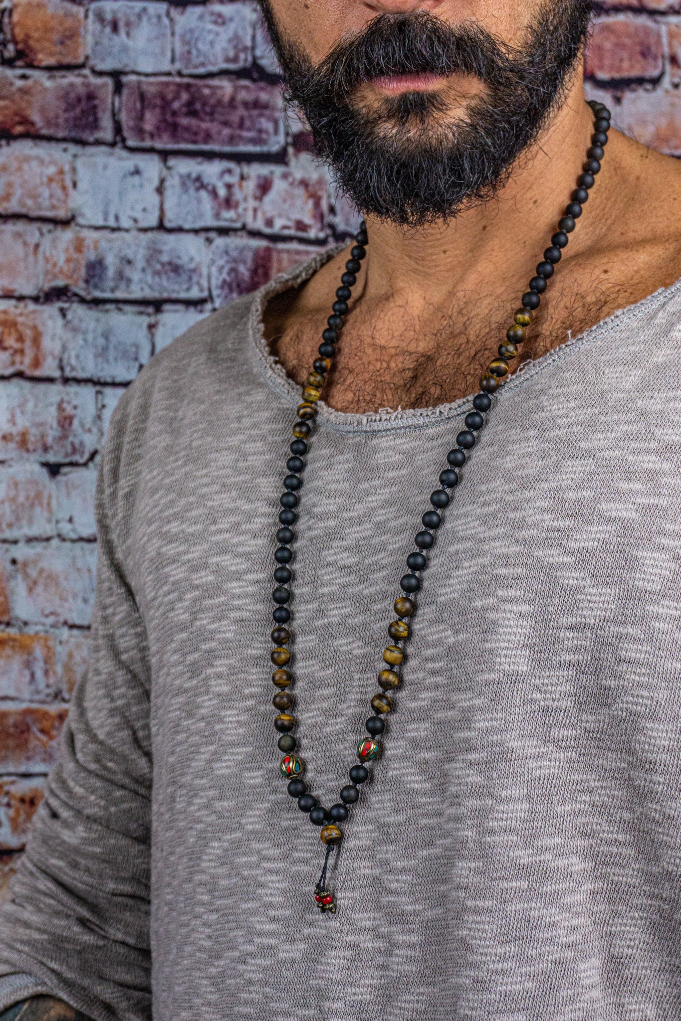 mens long mala necklace made of golden obsidian and frosted tiger eye gemstones, with tibetan beads - wander jewellery