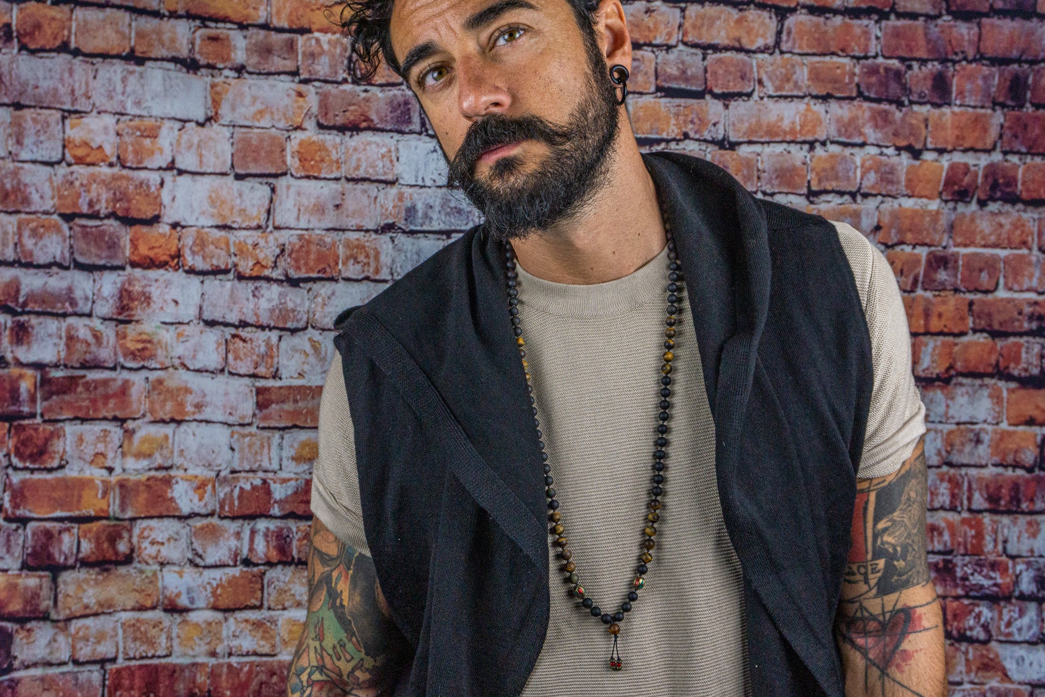 mens long mala necklace made of golden obsidian and frosted tiger eye gemstones, with tibetan beads decorations- wander jewellery