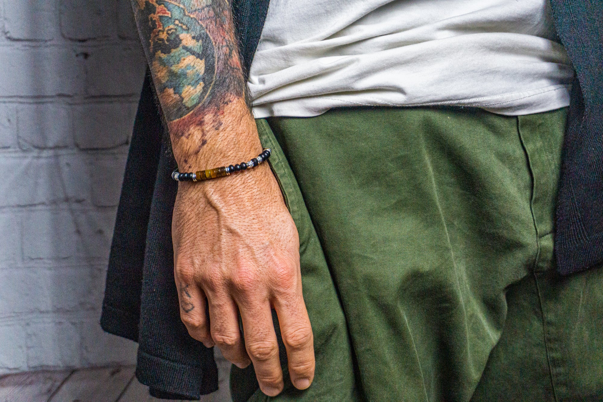 mens black onyx and tiger eye bracelet- wander jewellery