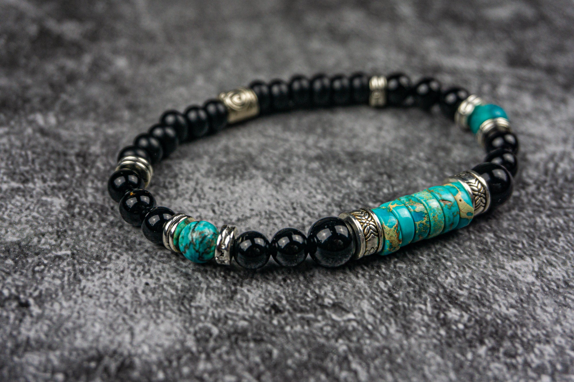 black onyx and imperial jasper turquoise stetchy beaded bracelet- wander jewellery