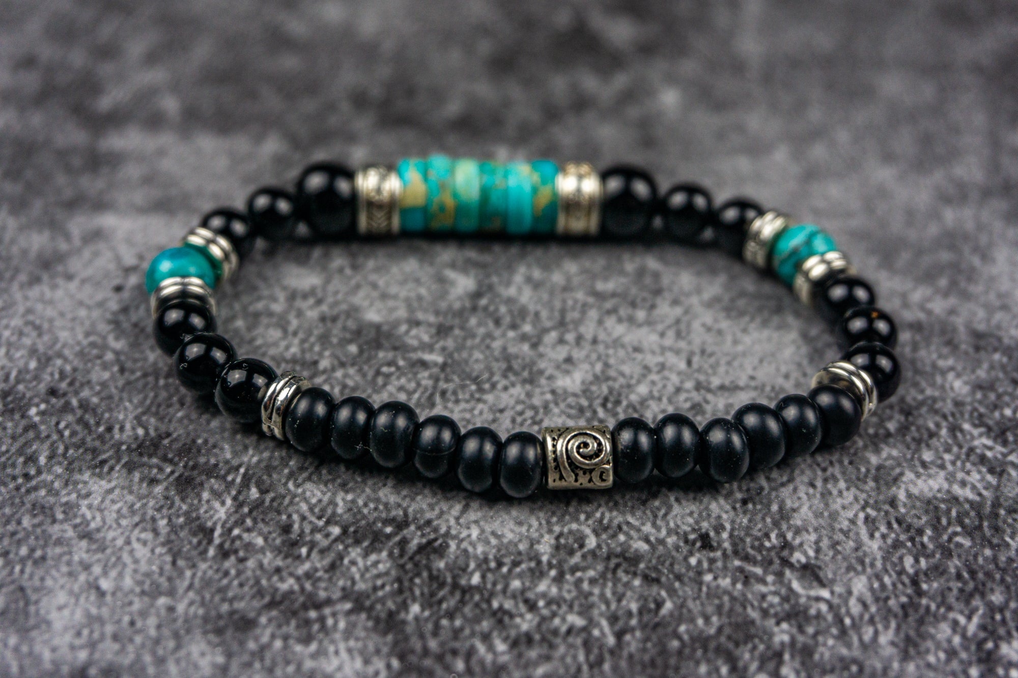 onyx and imperial jasper turquoise stetchy beaded bracelet- wander jewellery