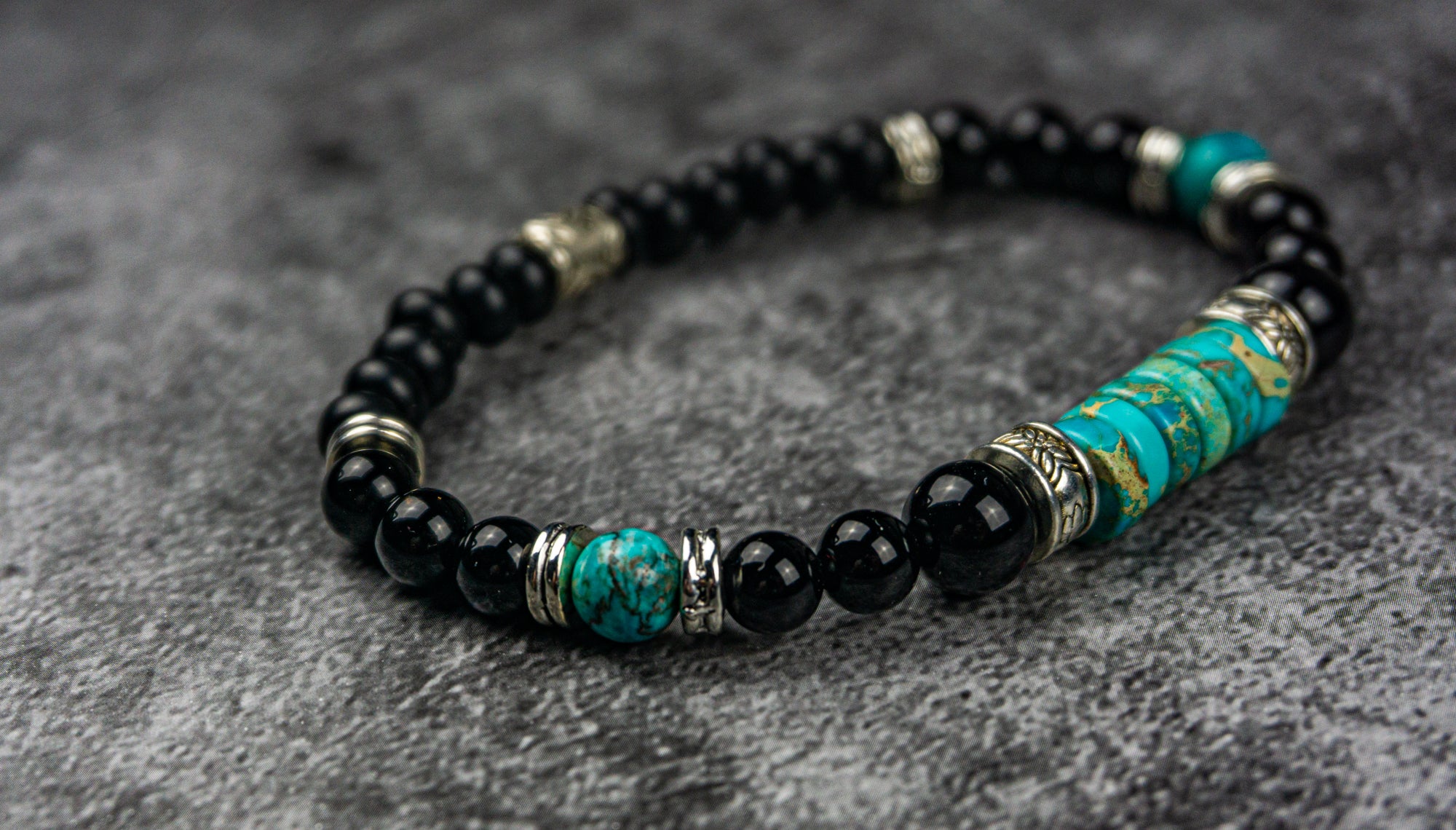 onyx and imperial jasper turquoise stetchy bracelet- wander jewellery