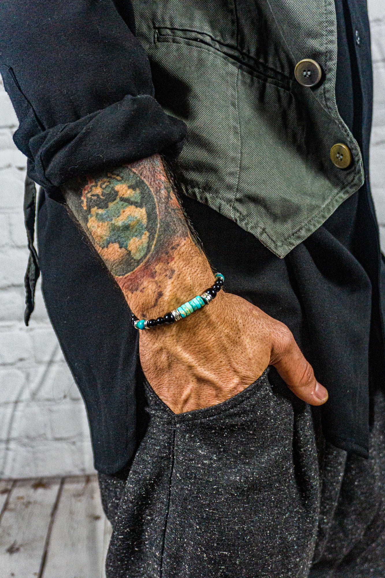 mens black onyx and imperial jasper turquoise stetchy beaded bracelet- wander jewellery