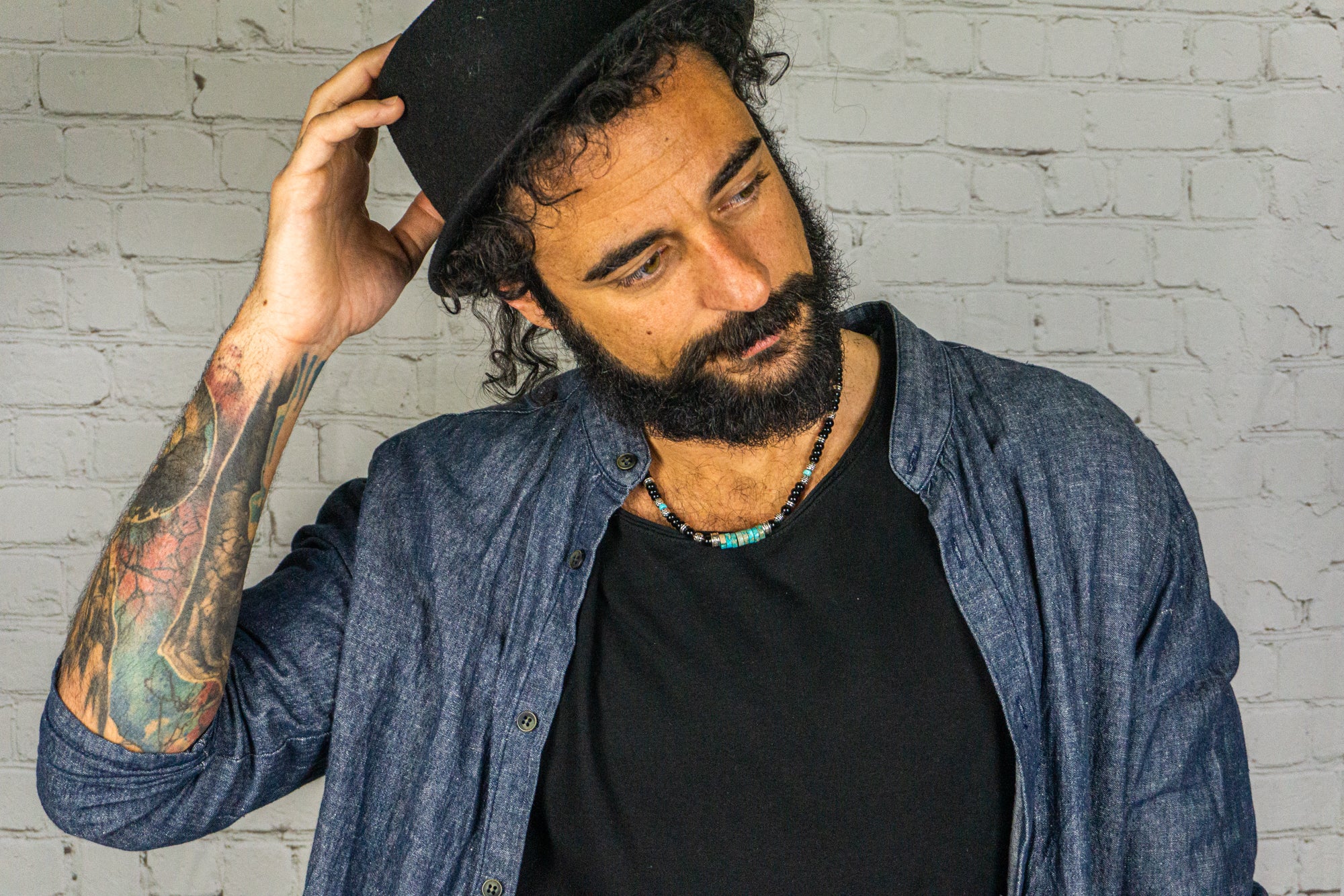 mens black onyx and turquoise choker necklace- wander jewellery