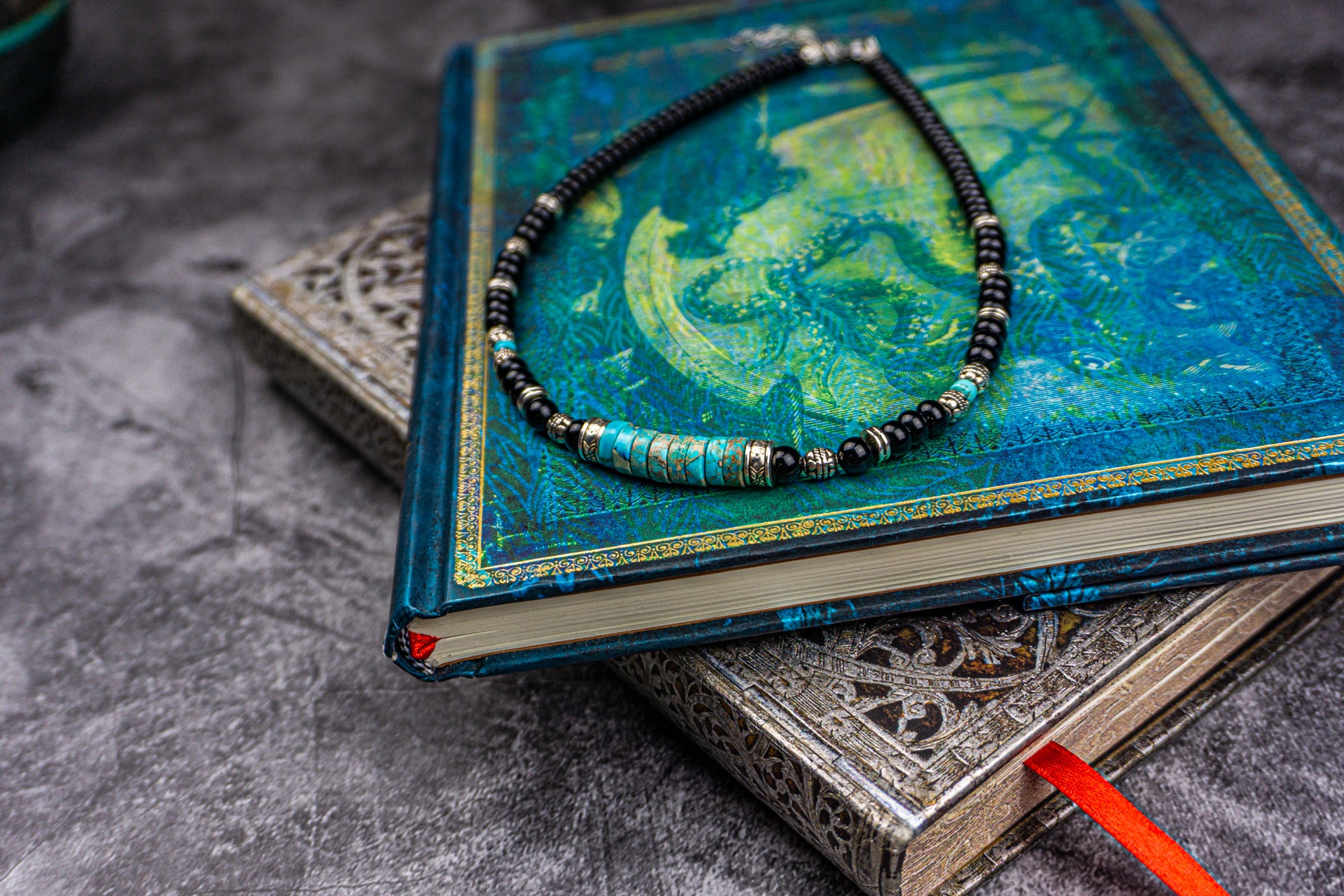 black onyx and imperial jasper turquoise choker necklace- wander jewellery