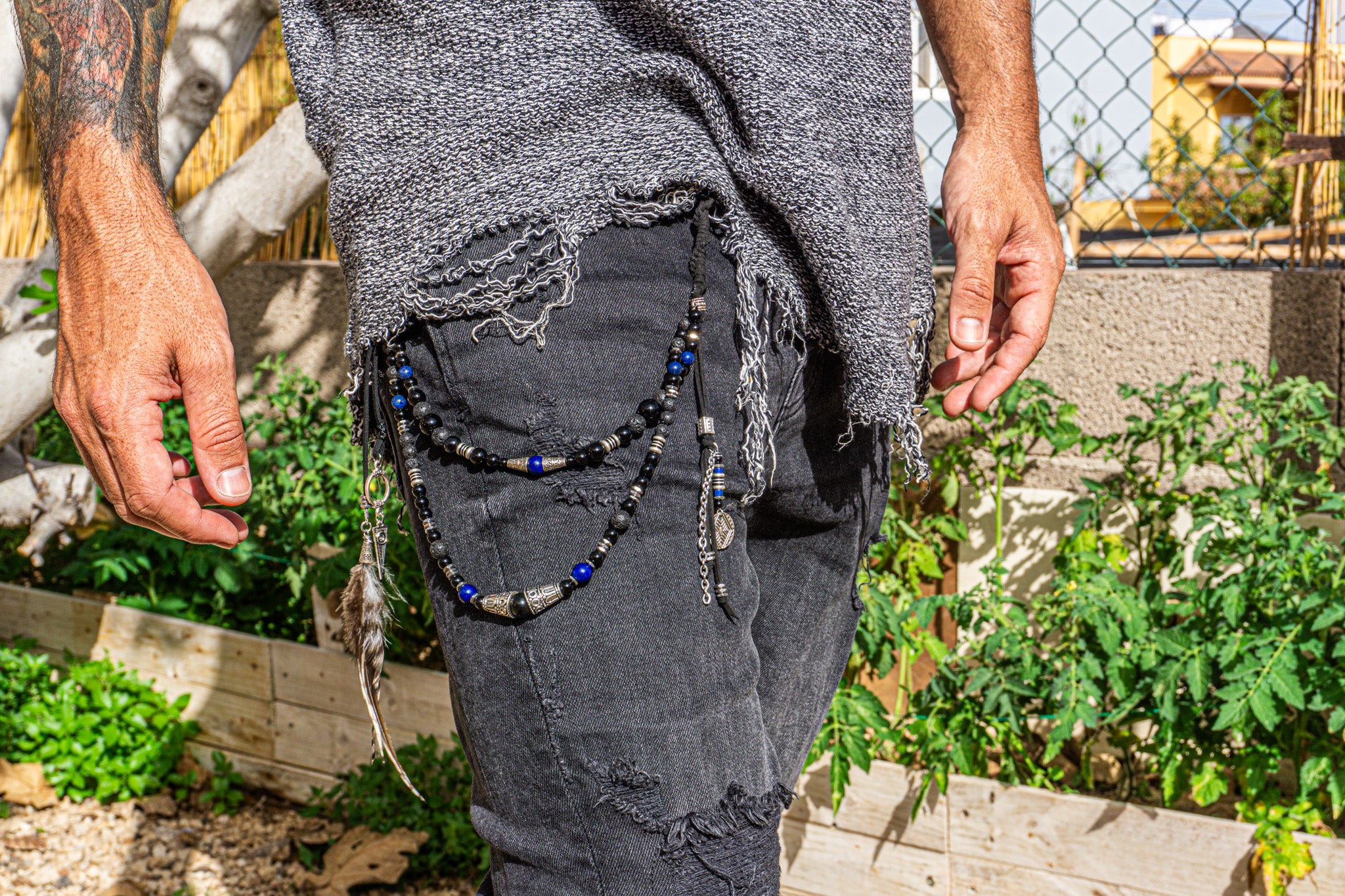 mens black onyx lava and lapis lazuli layered boho wallet
keychain with feather and charms