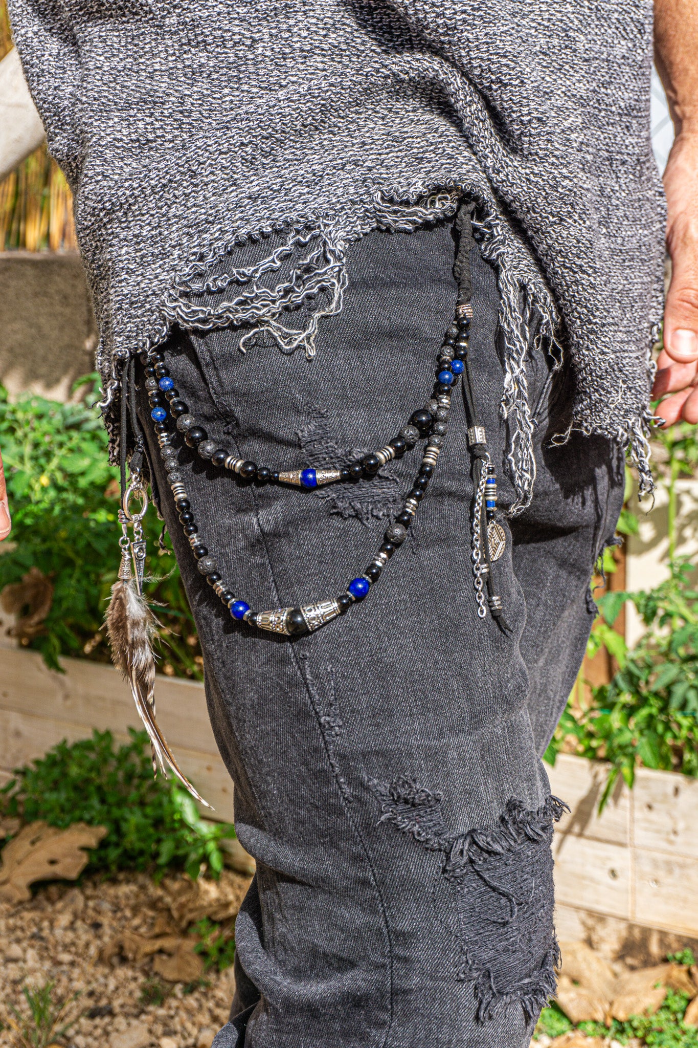 mens black onyx lava and lapis lazuli layered boho pants chain with feather and charms