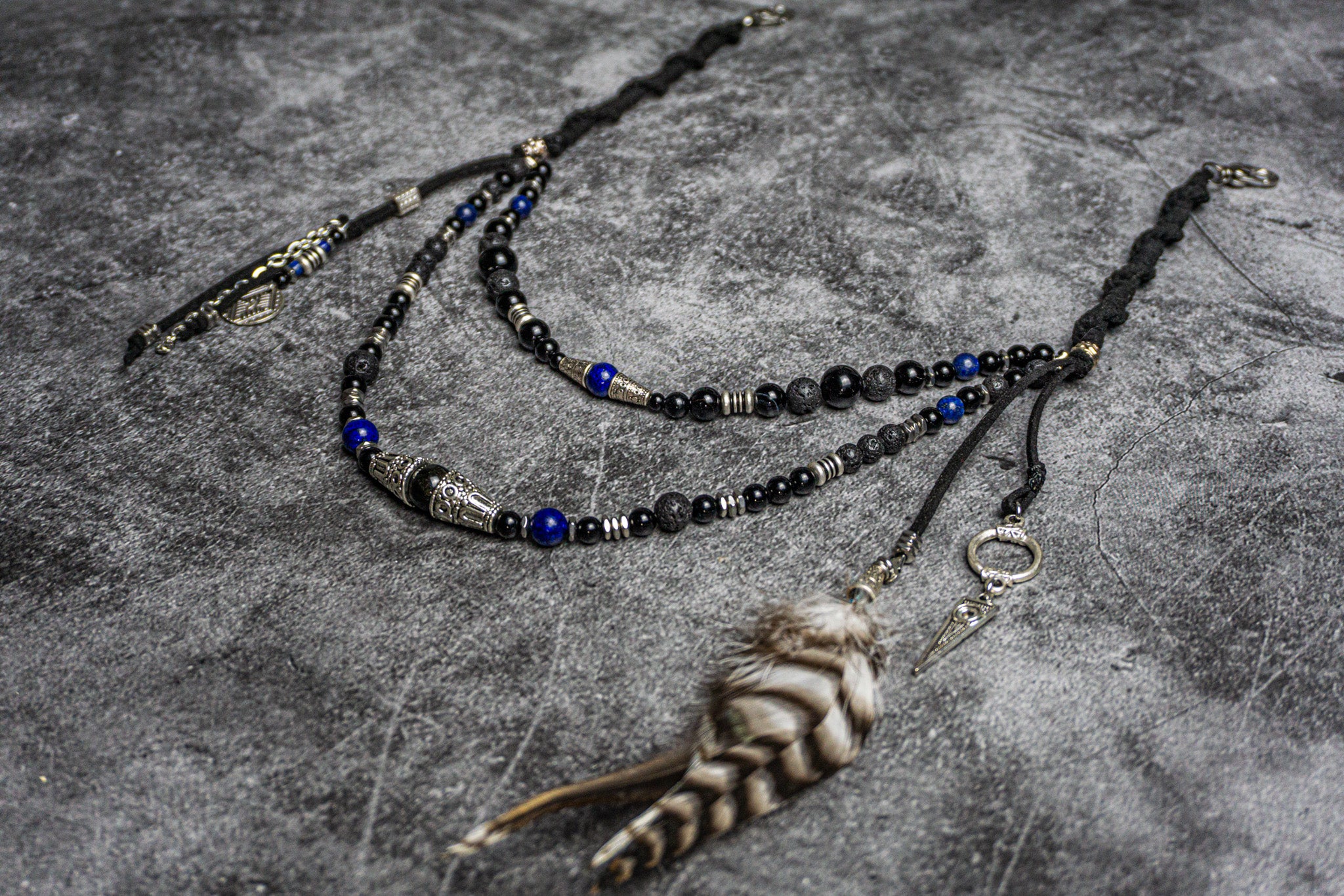 black onyx lava and lapis lazuli layered boho pants chain with feather and charms