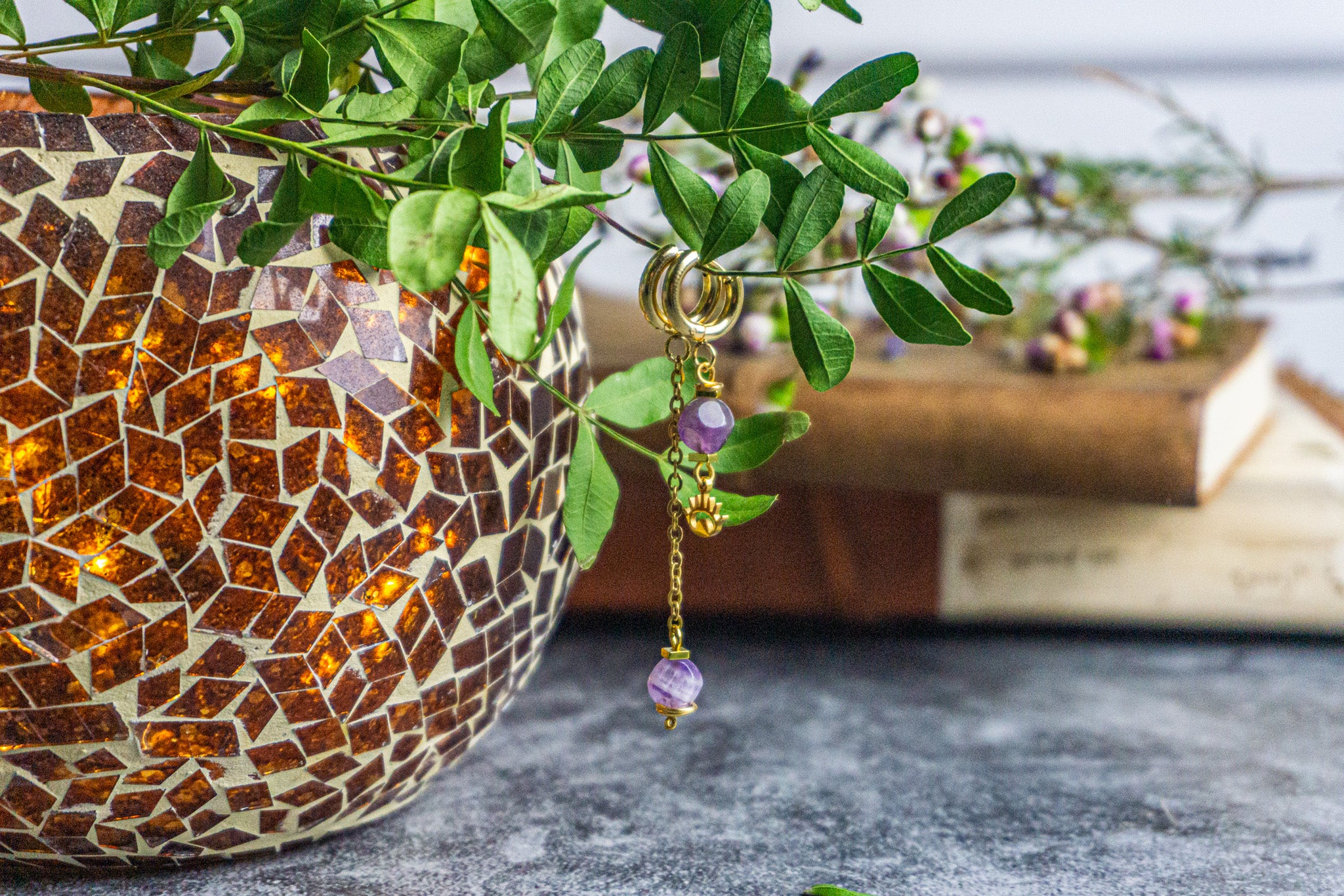 amethyst gemstone golden chain asymmethric earrings- wander jewellery