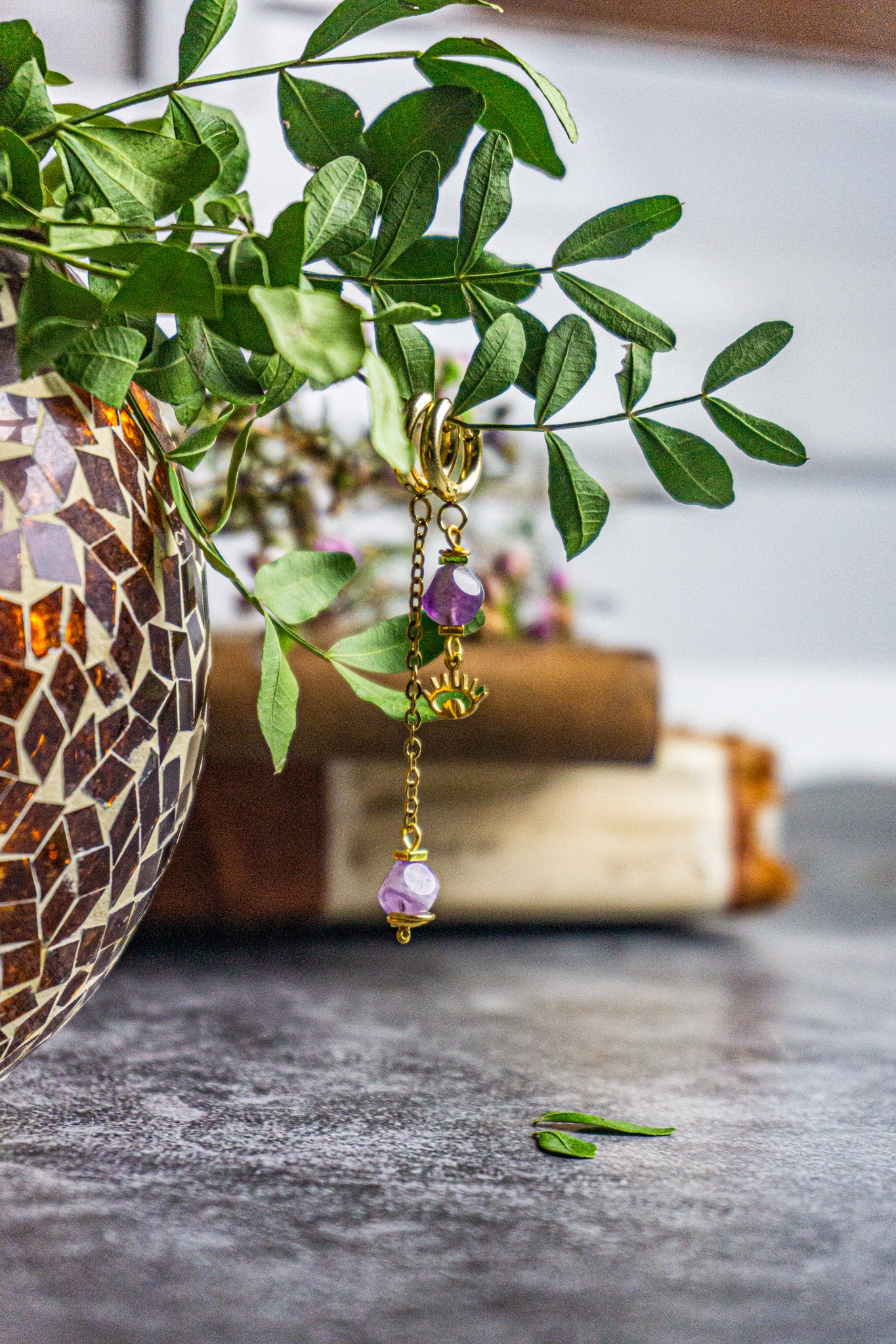 amethyst gemstone golden chain asymmethric dangle earrings- wander jewellery