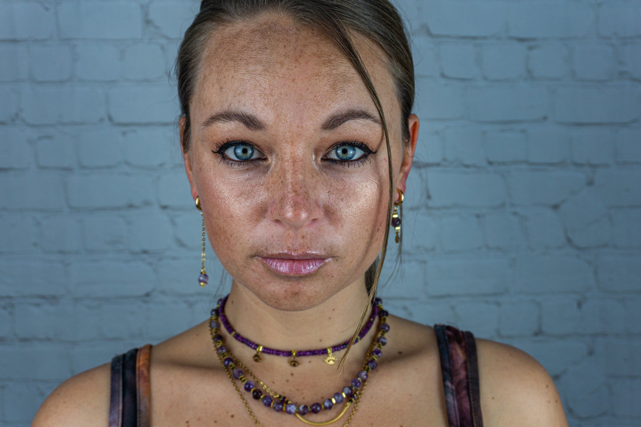 womens boho chic gemstone golden chain asymmethric earrings- wander jewellery