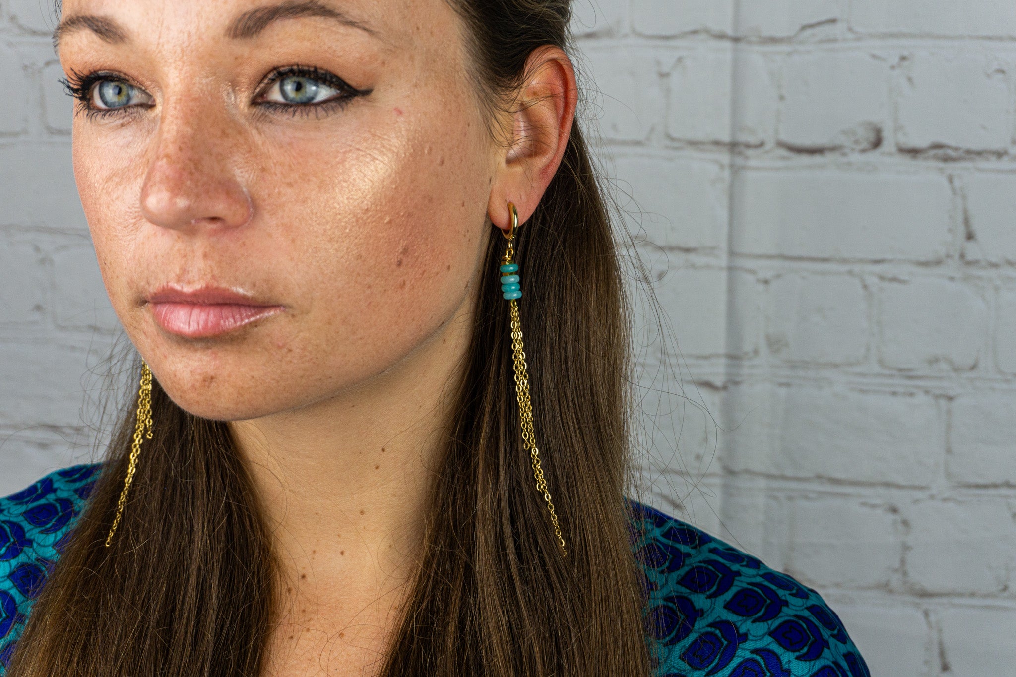 womens boho chic golden stainless steel chain dangle earrings with jade gemstone beads- wander jewellery