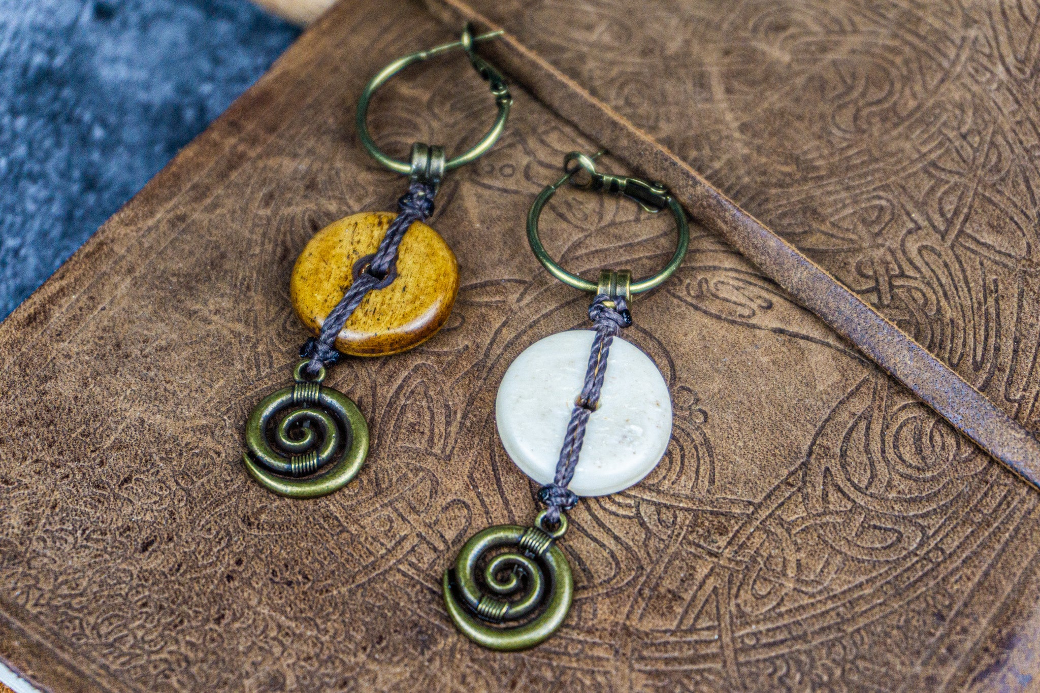ox bone hoop dangle earring with spiral- wander jewellery