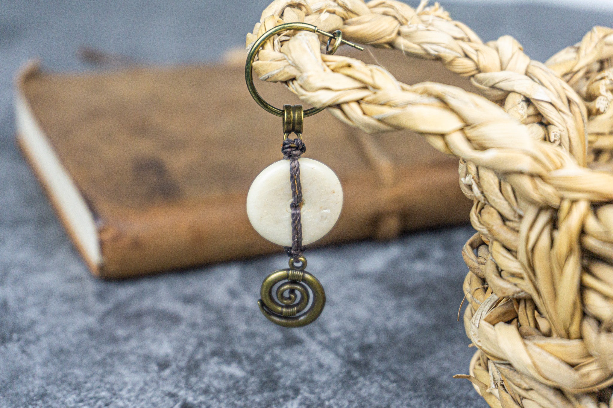 white ox bone hoop dangle earring with spiral- wander jewellery